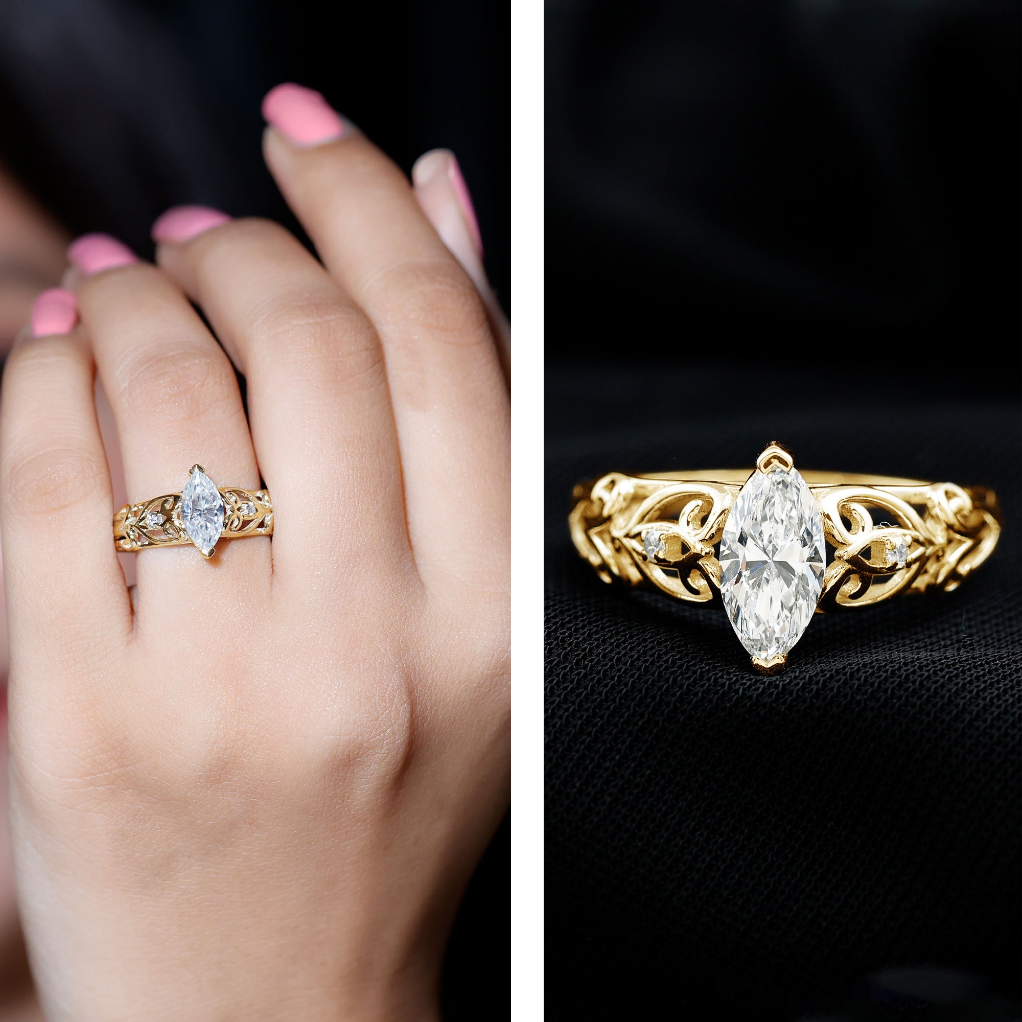 Marquise Cut Lab Grown Diamond Solitaire Filigree Engagement Ring Lab - ( EF-VS ) - Rosec Jewels