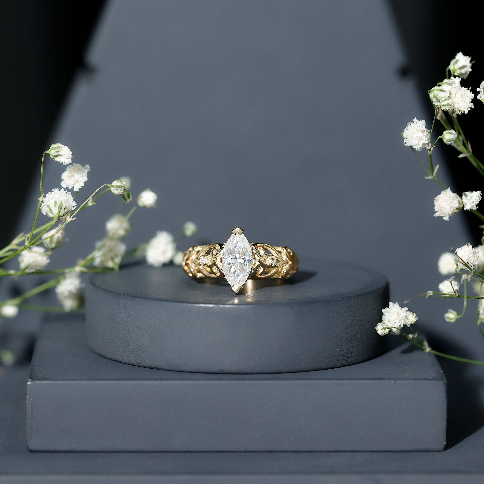 Marquise Cut Lab Grown Diamond Solitaire Filigree Engagement Ring Lab - ( EF-VS ) - Rosec Jewels