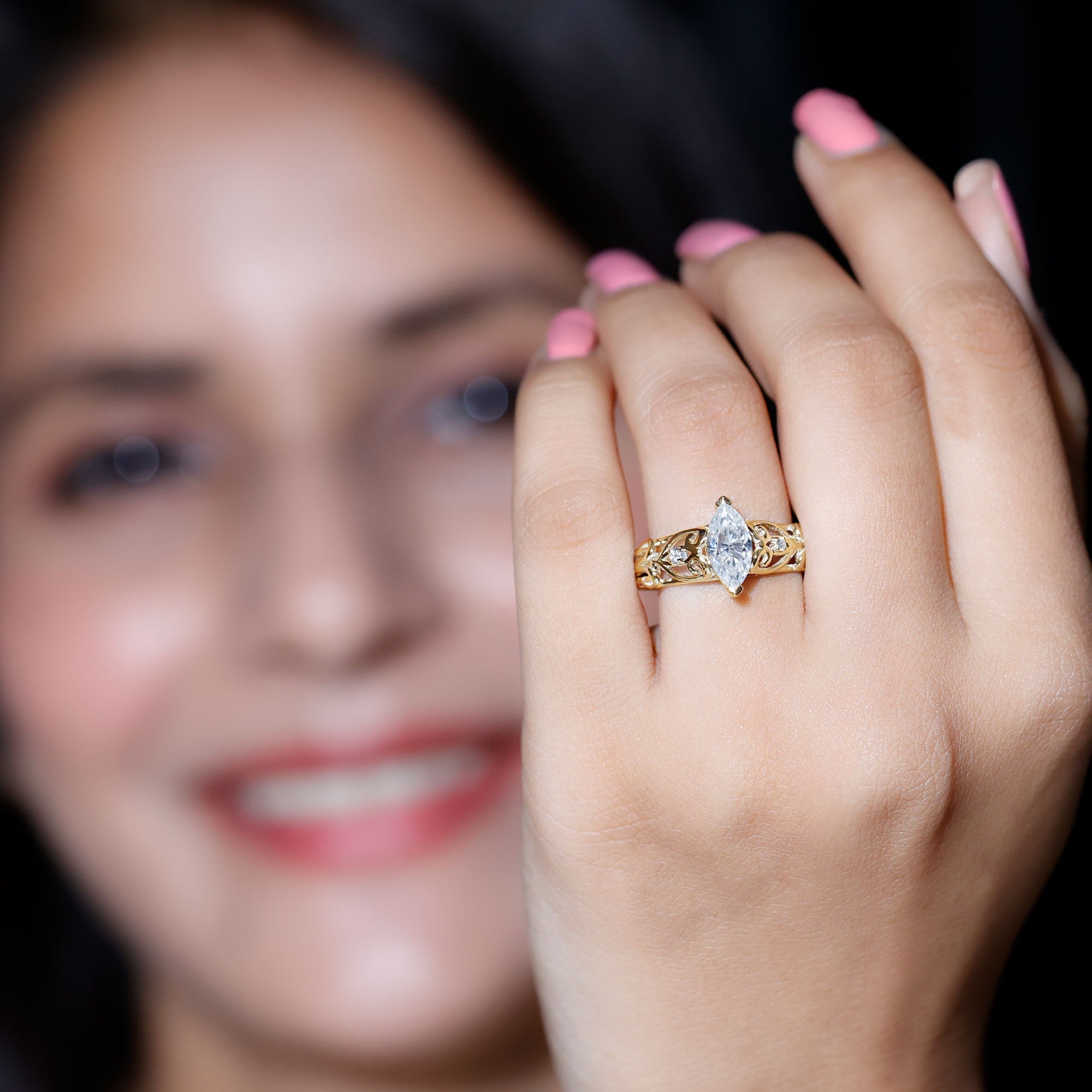 Marquise Cut Lab Grown Diamond Solitaire Filigree Engagement Ring Lab - ( EF-VS ) - Rosec Jewels