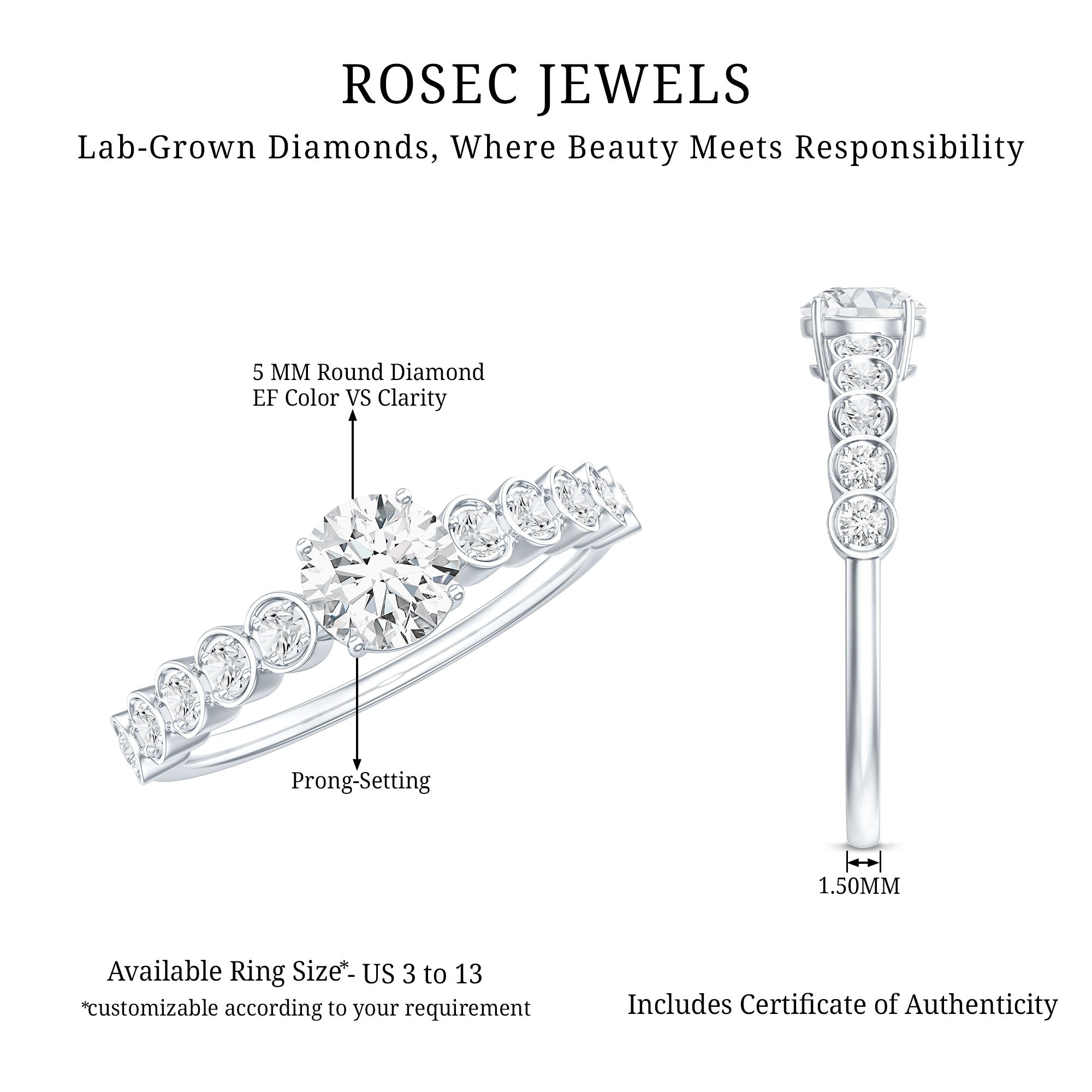 Round Brilliant Cut Lab Diamond Promise Ring with Side Stones Lab - ( EF-VS ) - Rosec Jewels