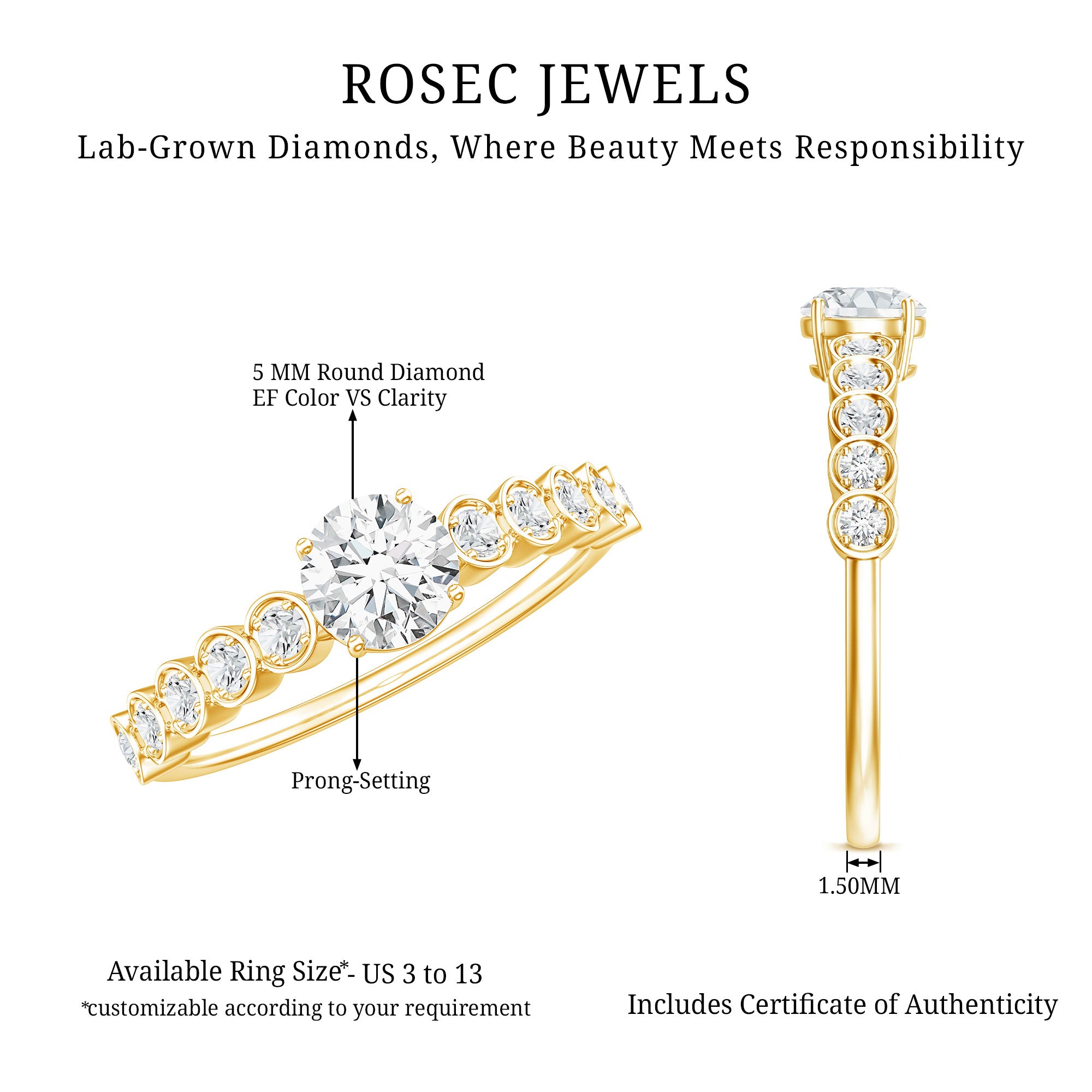 Round Brilliant Cut Lab Diamond Promise Ring with Side Stones Lab - ( EF-VS ) - Rosec Jewels