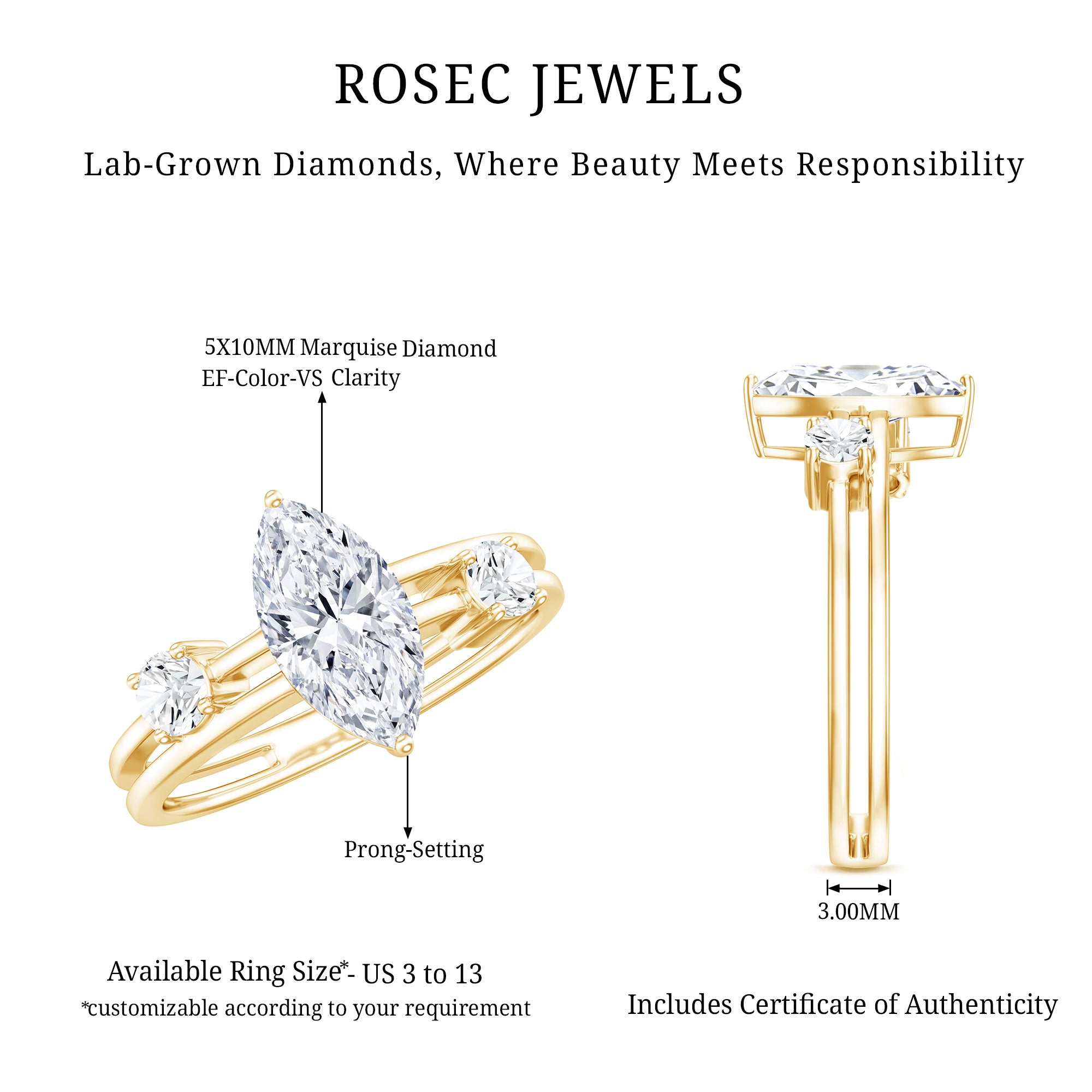 Marquise Cut Lab Grown Diamond Double Band Ring for Women Lab - ( EF-VS ) - Rosec Jewels