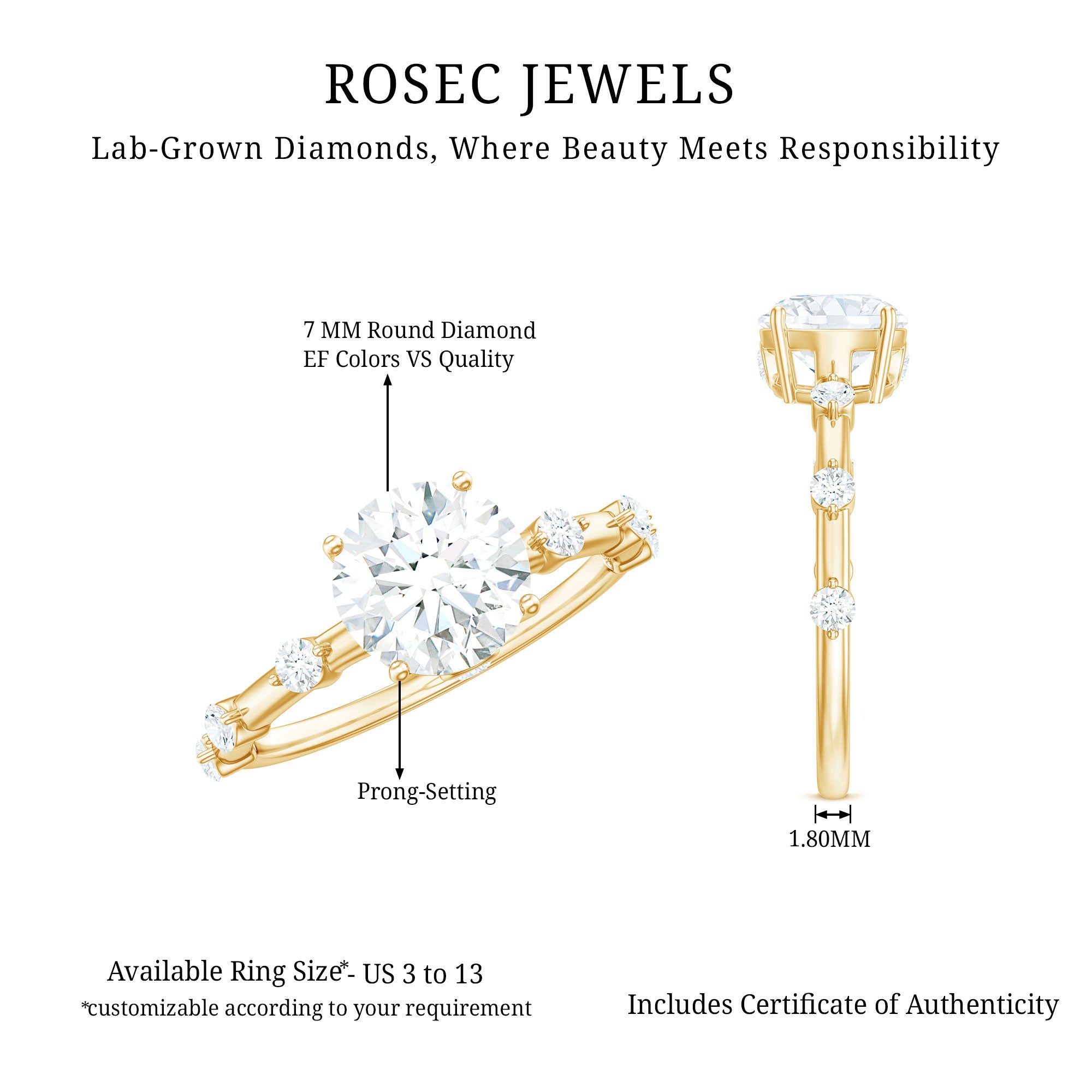 Rosec Jewels-Round Brilliant Cut Lab Grown Diamond Traditional Engagement Ring