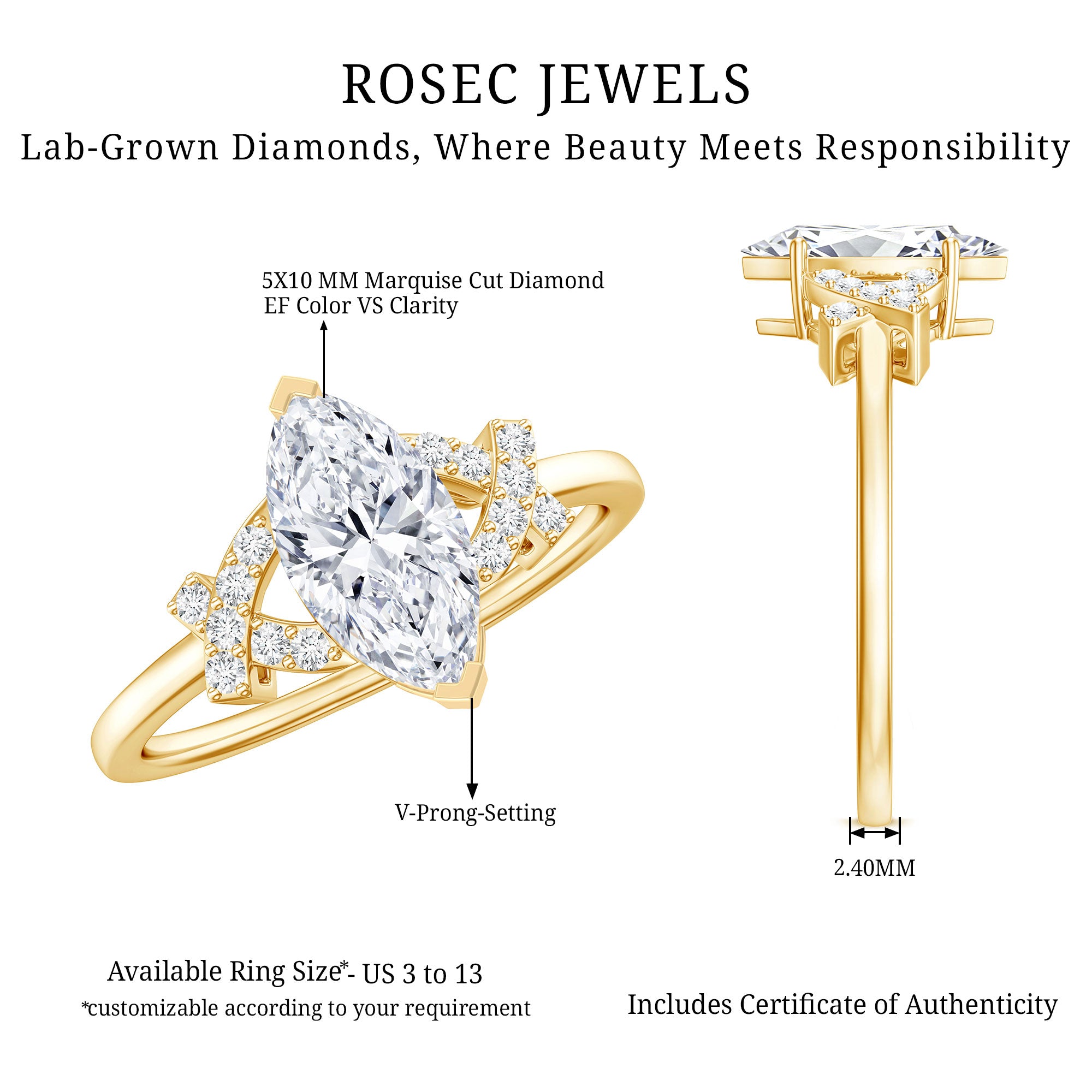 Lab Grown Diamond 5X10 MM Marquise Engagement Ring Lab - ( EF-VS ) - Rosec Jewels