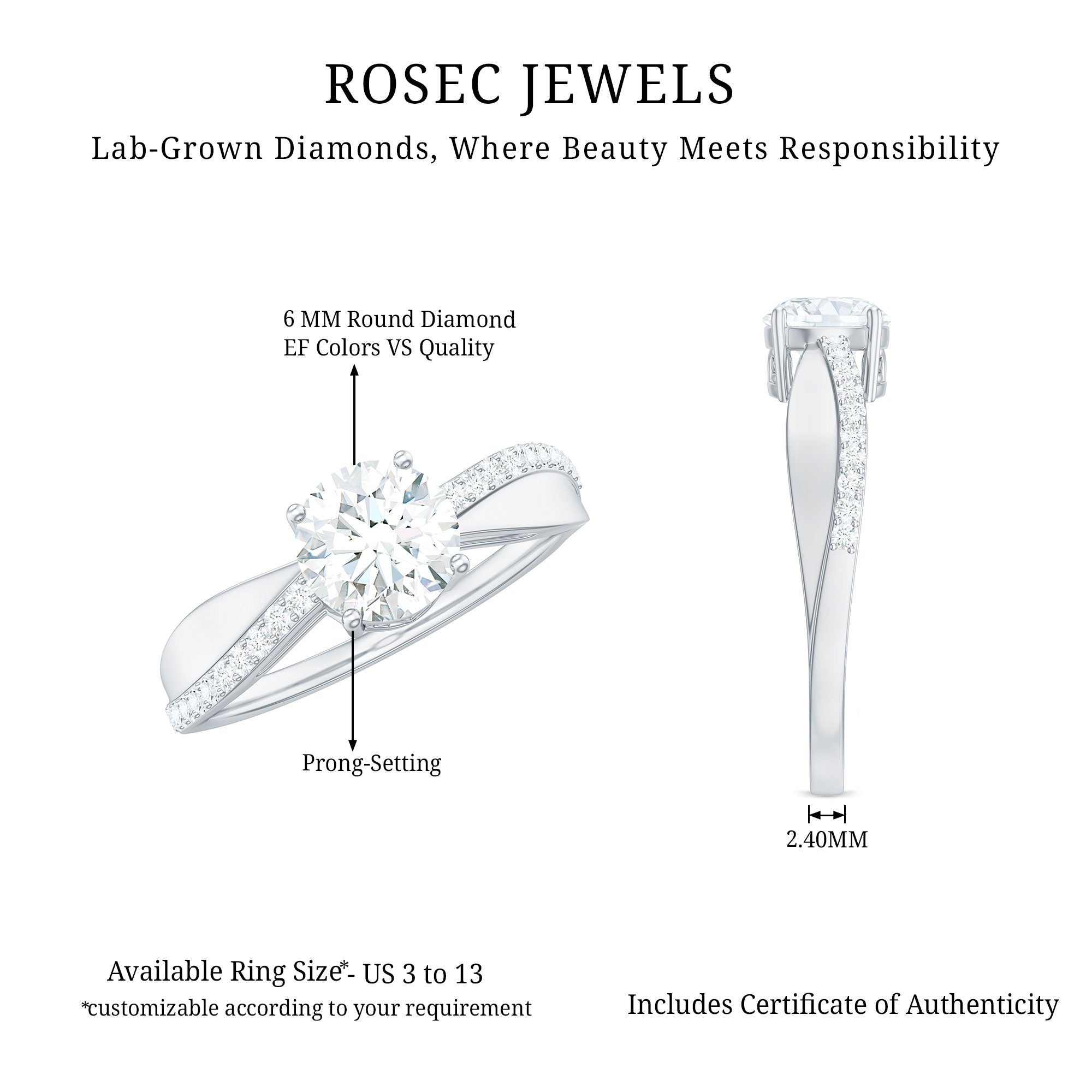 Certified Lab Grown Diamond Engagement Ring With Bypass Details Lab - ( EF-VS ) - Rosec Jewels