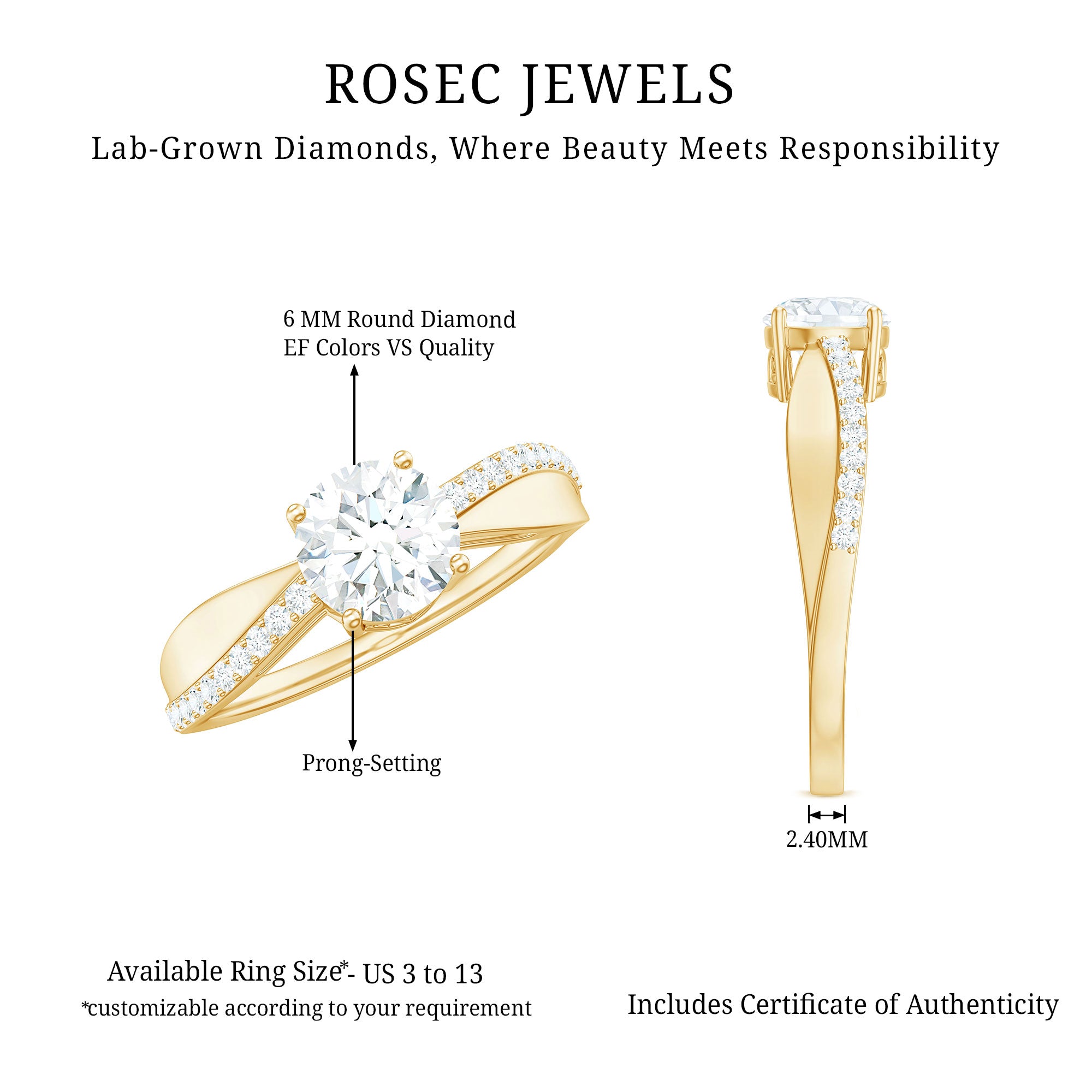 Certified Lab Grown Diamond Engagement Ring With Bypass Details Lab - ( EF-VS ) - Rosec Jewels