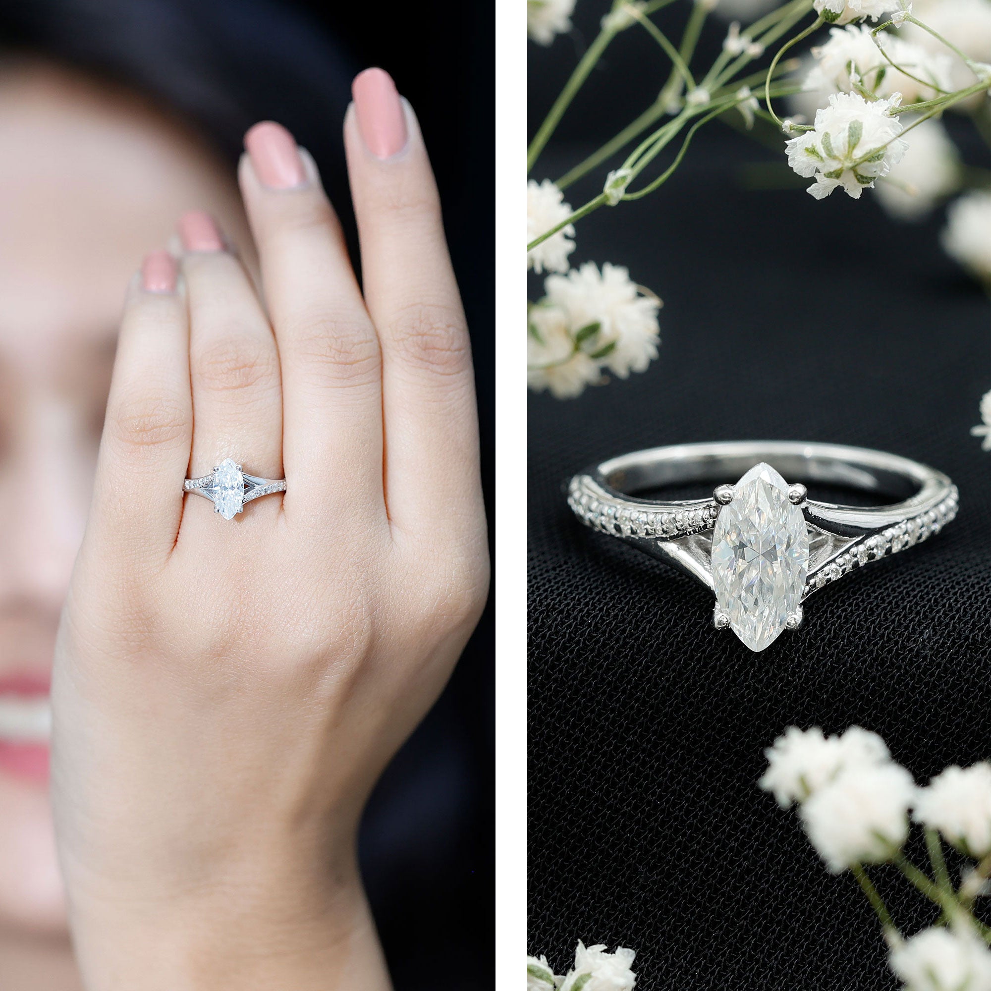 Brilliant Cut Lab Grown Diamond Marquise Engagement Ring with Split Shank Lab - ( EF-VS ) - Rosec Jewels
