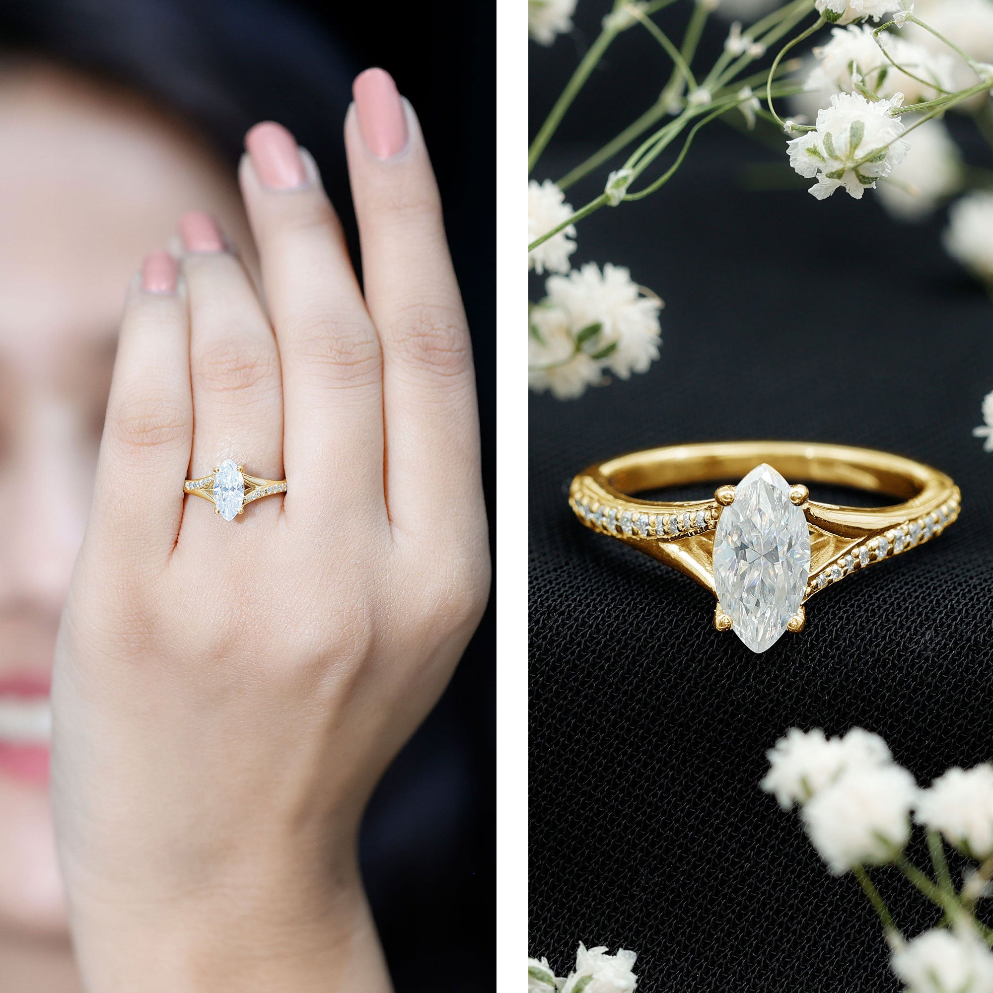 Brilliant Cut Lab Grown Diamond Marquise Engagement Ring with Split Shank Lab - ( EF-VS ) - Rosec Jewels