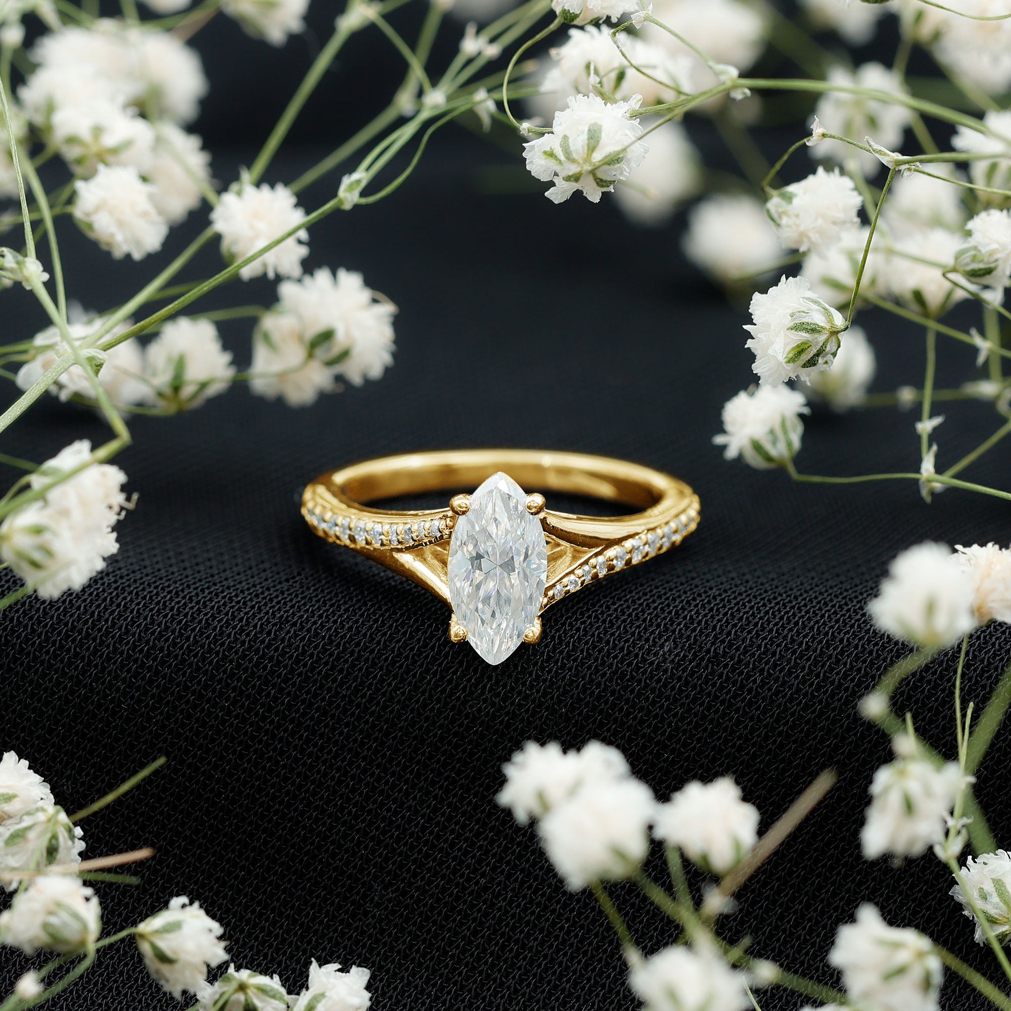 Brilliant Cut Lab Grown Diamond Marquise Engagement Ring with Split Shank Lab - ( EF-VS ) - Rosec Jewels