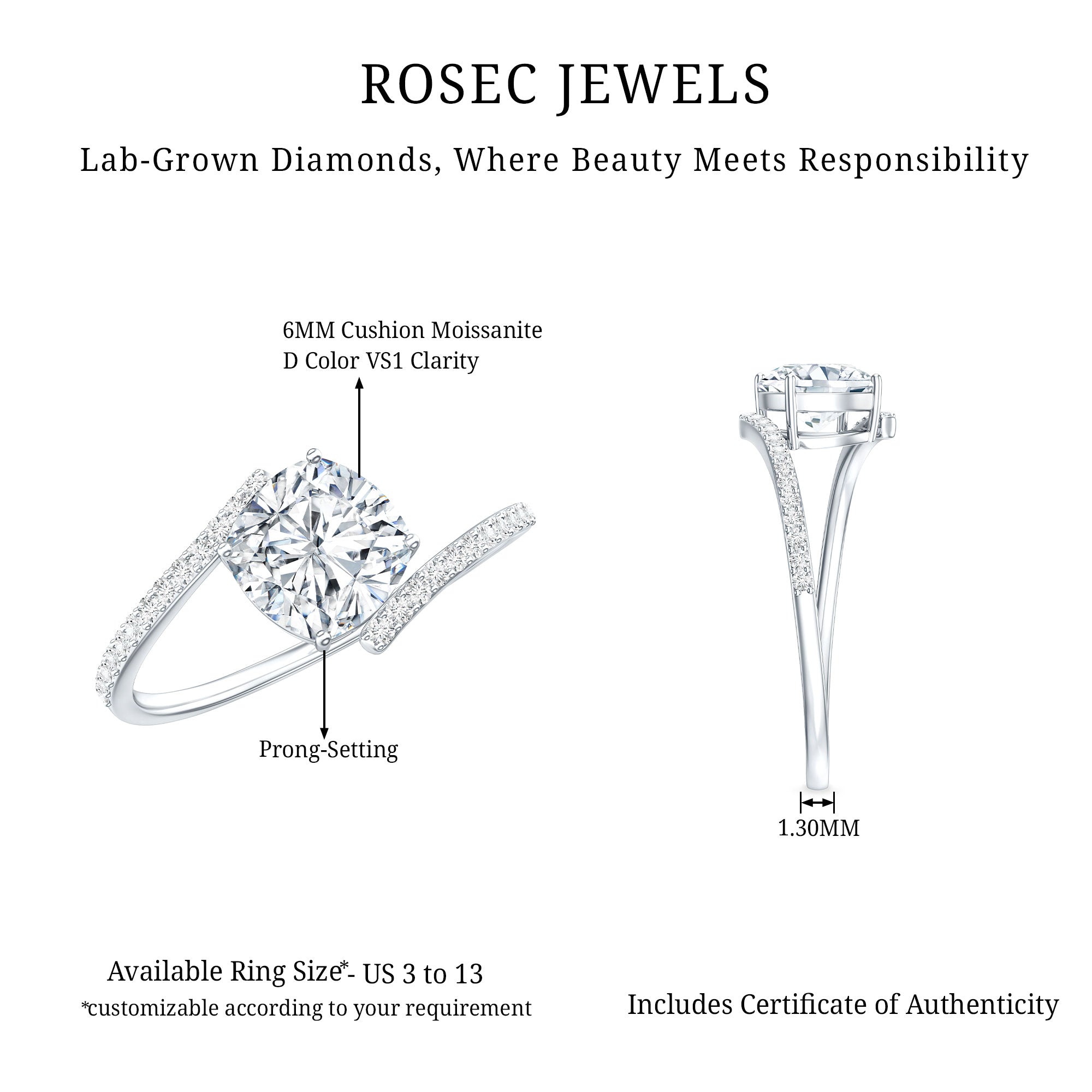 Lab Diamond Engagement Bypass Cushion Engagement Ring Lab - ( EF-VS ) - Rosec Jewels