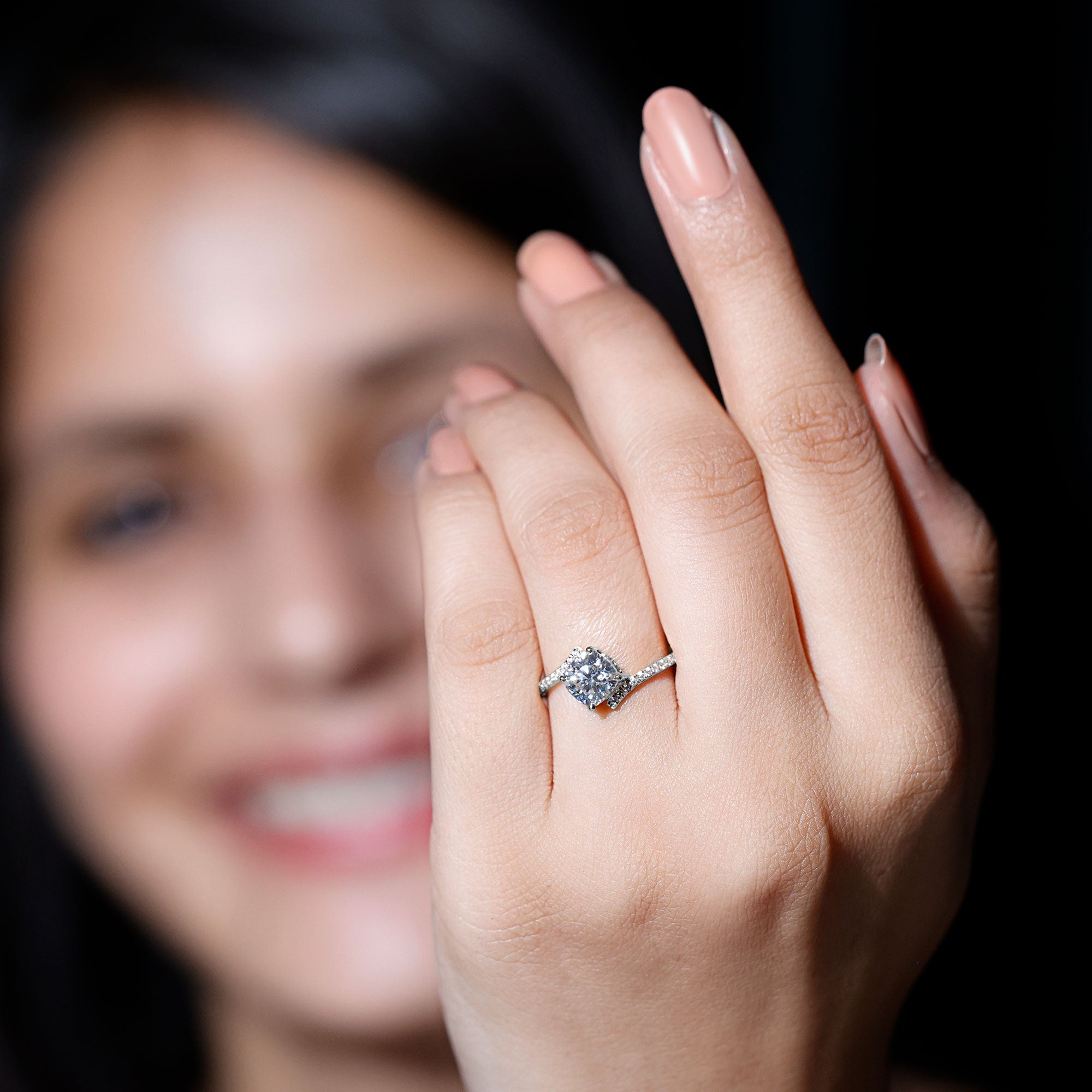 Lab Diamond Engagement Bypass Cushion Engagement Ring Lab - ( EF-VS ) - Rosec Jewels