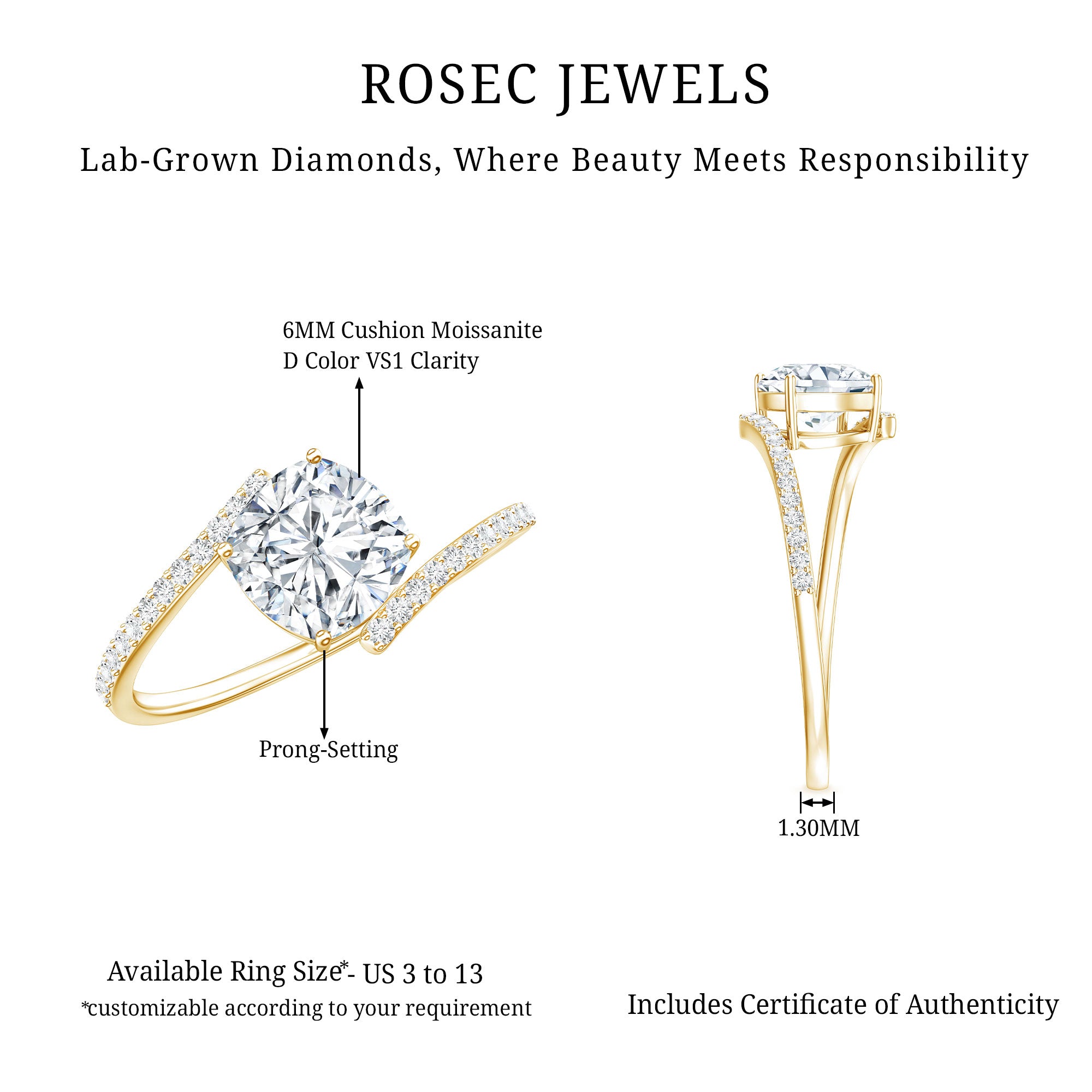 Lab Diamond Engagement Bypass Cushion Engagement Ring Lab - ( EF-VS ) - Rosec Jewels