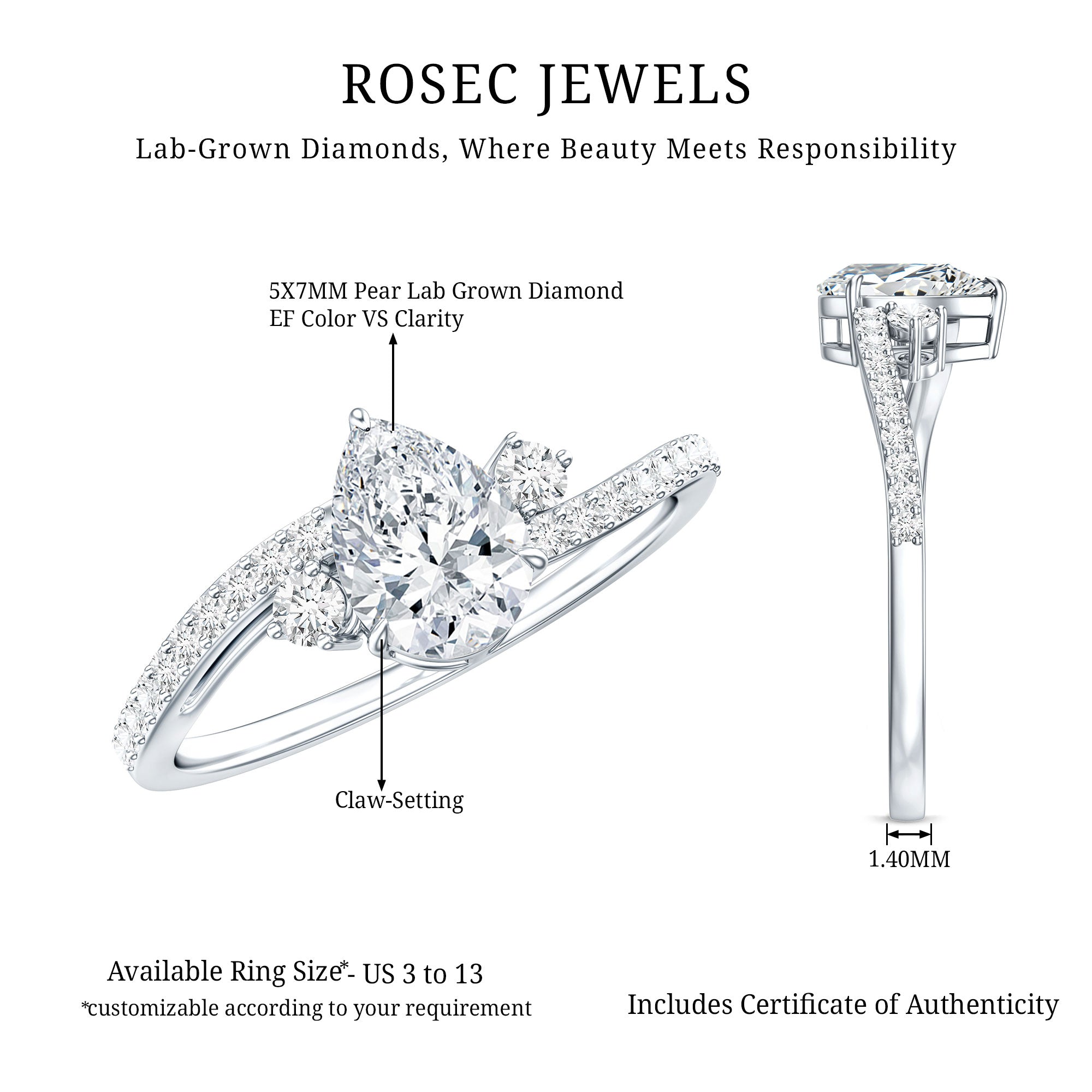 Pear Lab Created Diamond Engagement Bypass Ring for Her Lab - ( EF-VS ) - Rosec Jewels