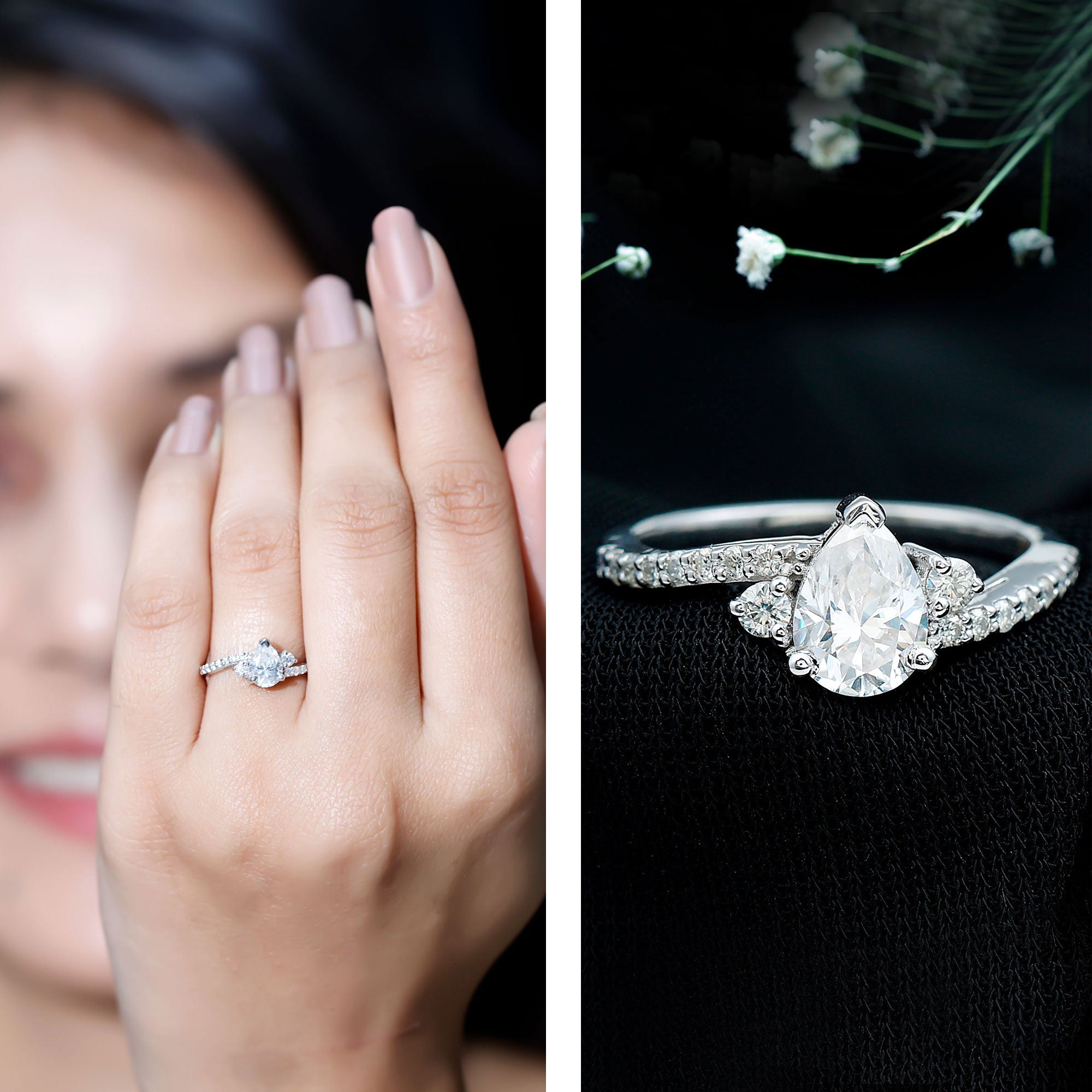 Pear Lab Created Diamond Engagement Bypass Ring for Her Lab - ( EF-VS ) - Rosec Jewels