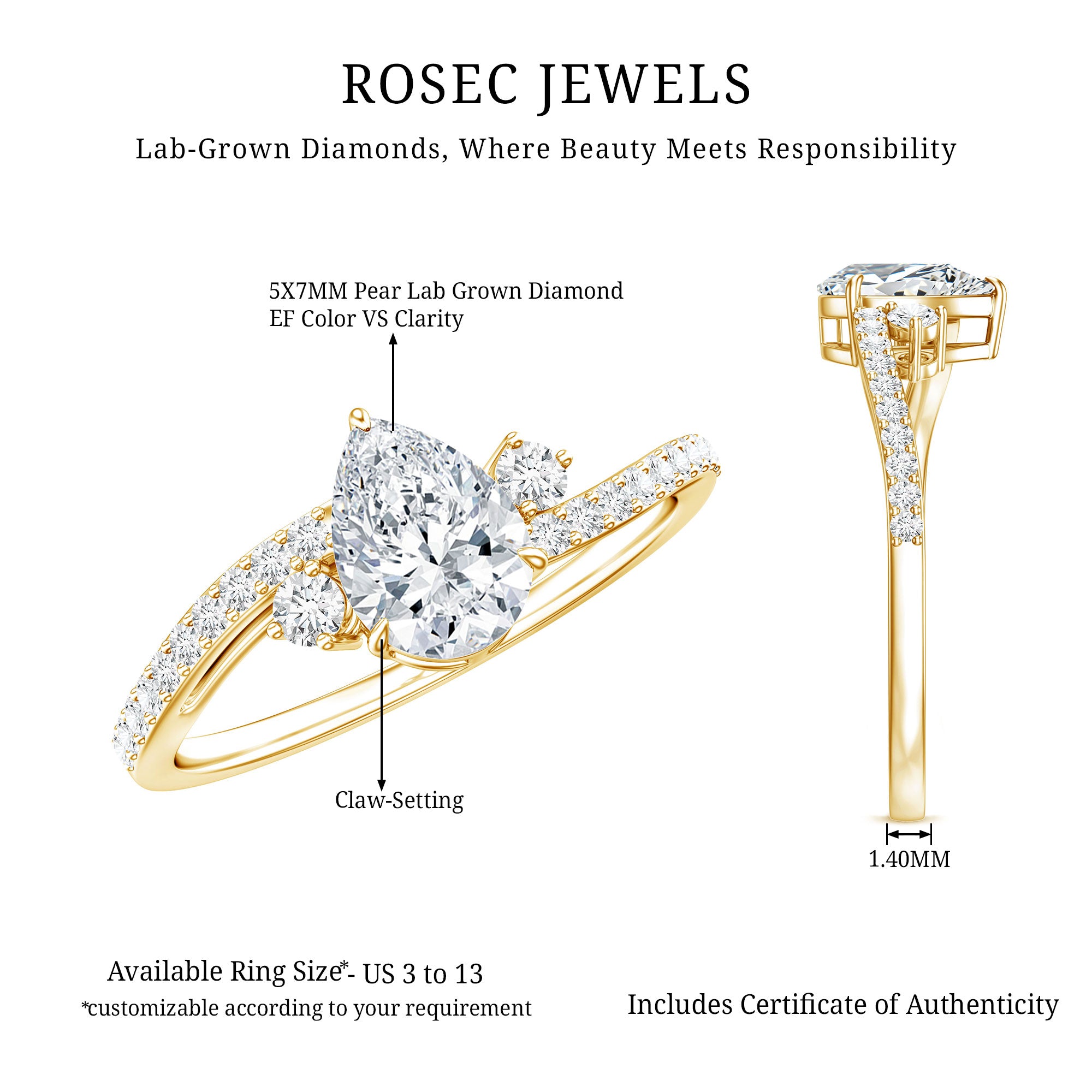 Pear Lab Created Diamond Engagement Bypass Ring for Her Lab - ( EF-VS ) - Rosec Jewels