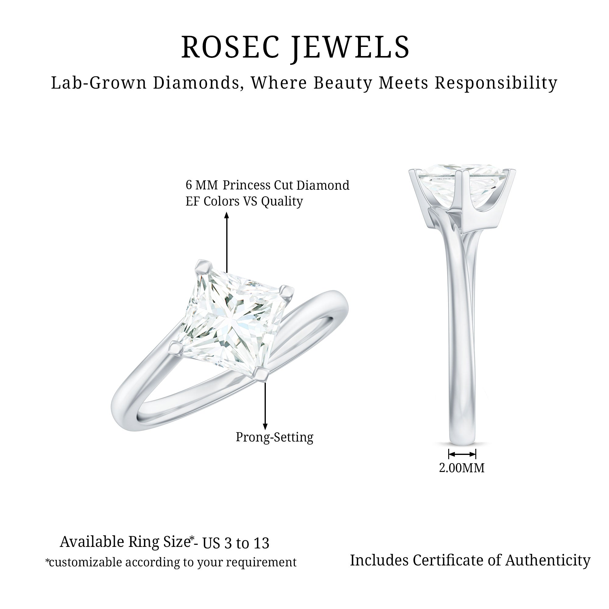 Princess Cut Lab Grown Diamond Bypass Engagement Ring for Women Lab - ( EF-VS ) - Rosec Jewels