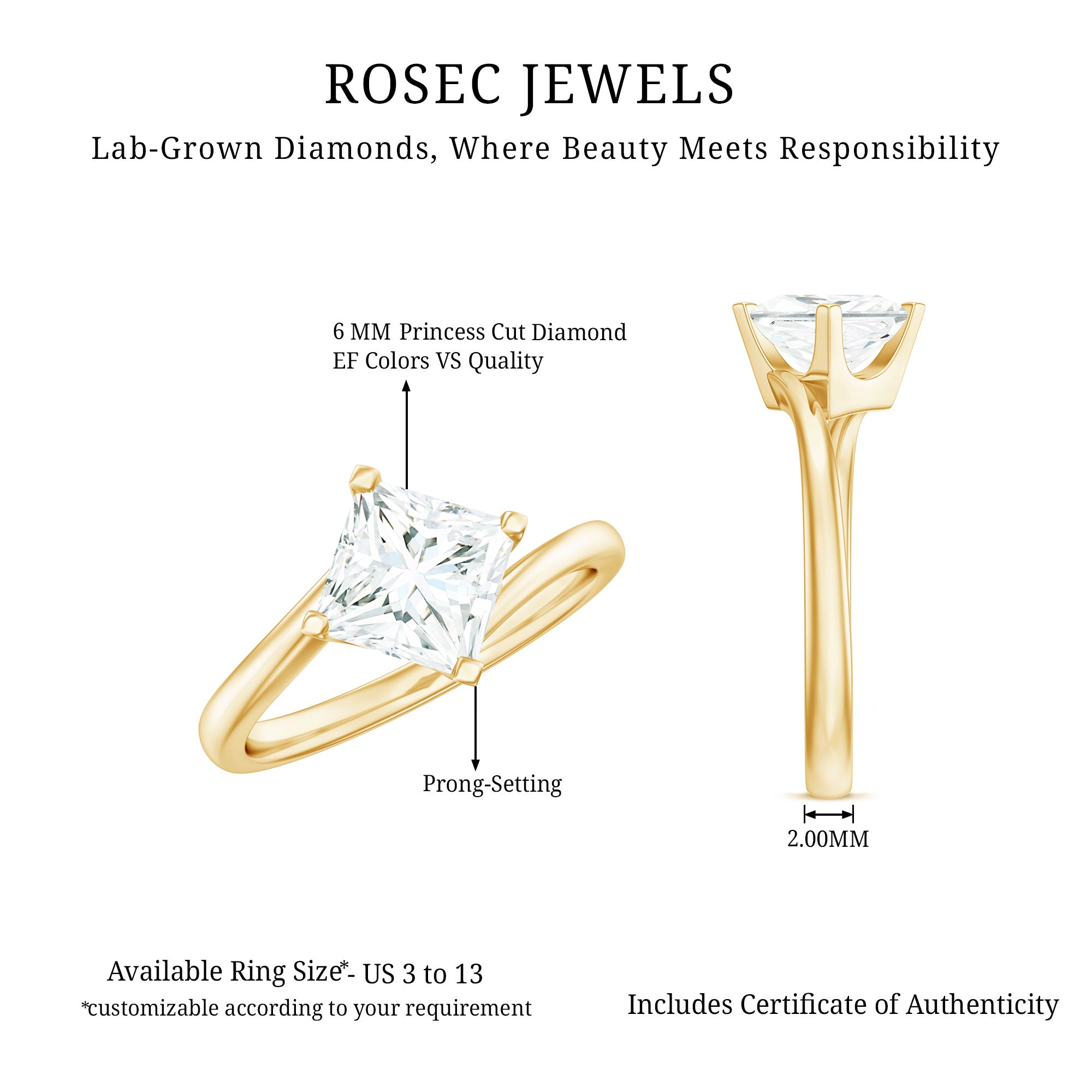 Princess Cut Lab Grown Diamond Bypass Engagement Ring for Women Lab - ( EF-VS ) - Rosec Jewels