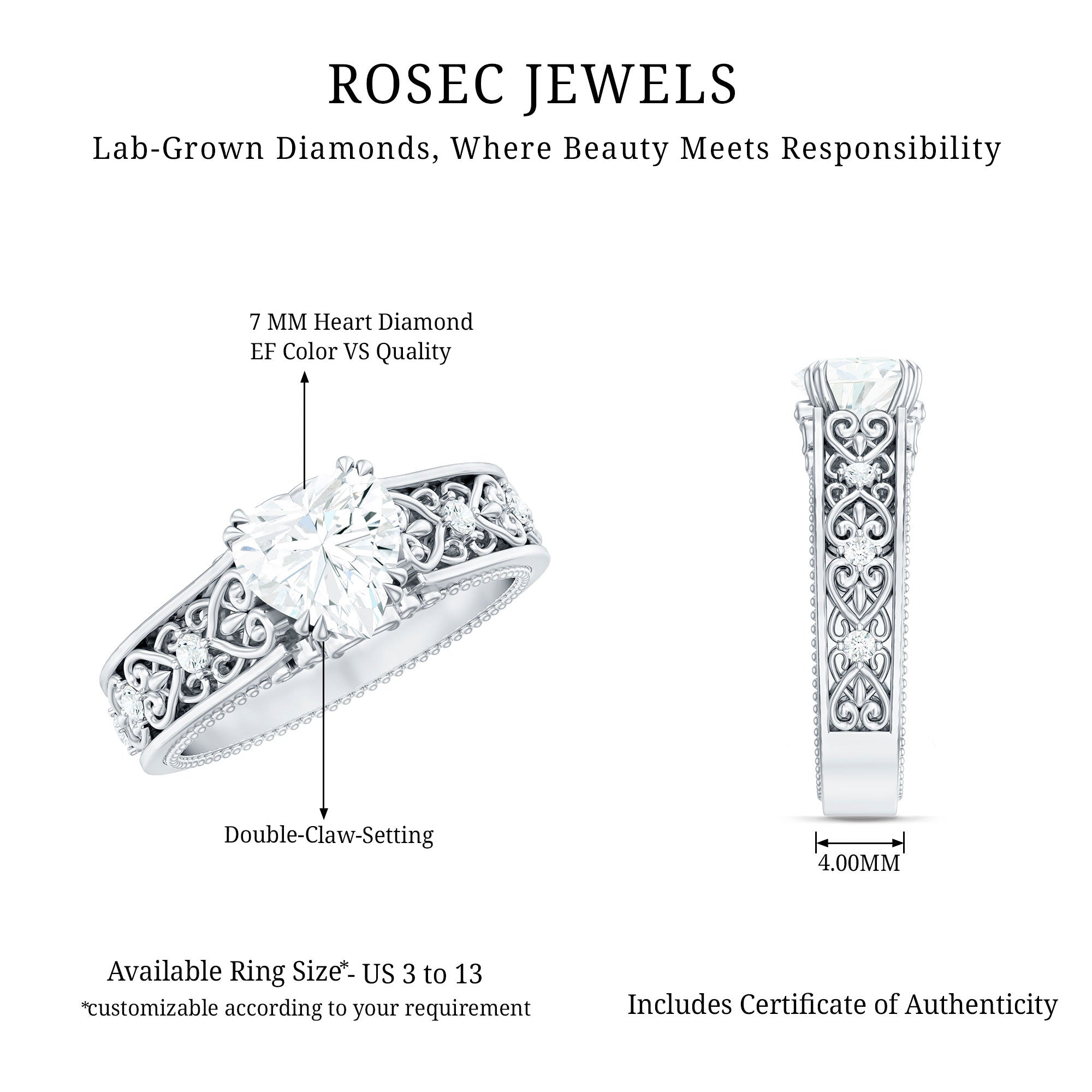 Rosec Jewels-Certified 1 Carat Heart Lab Created Vintage Engagement Ring