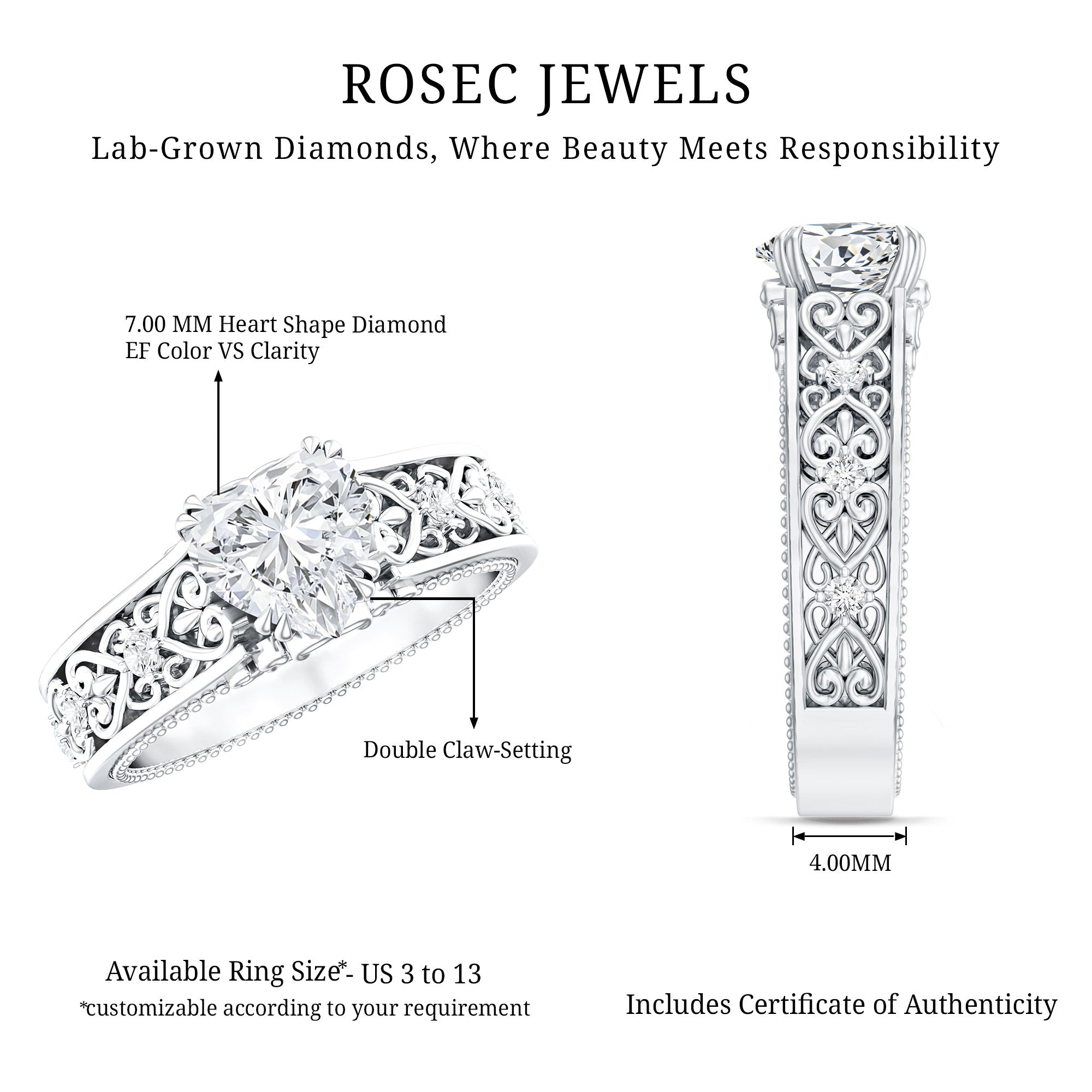 Certified 1 Carat Heart Lab Created Vintage Engagement Ring Lab - ( EF-VS ) - Rosec Jewels