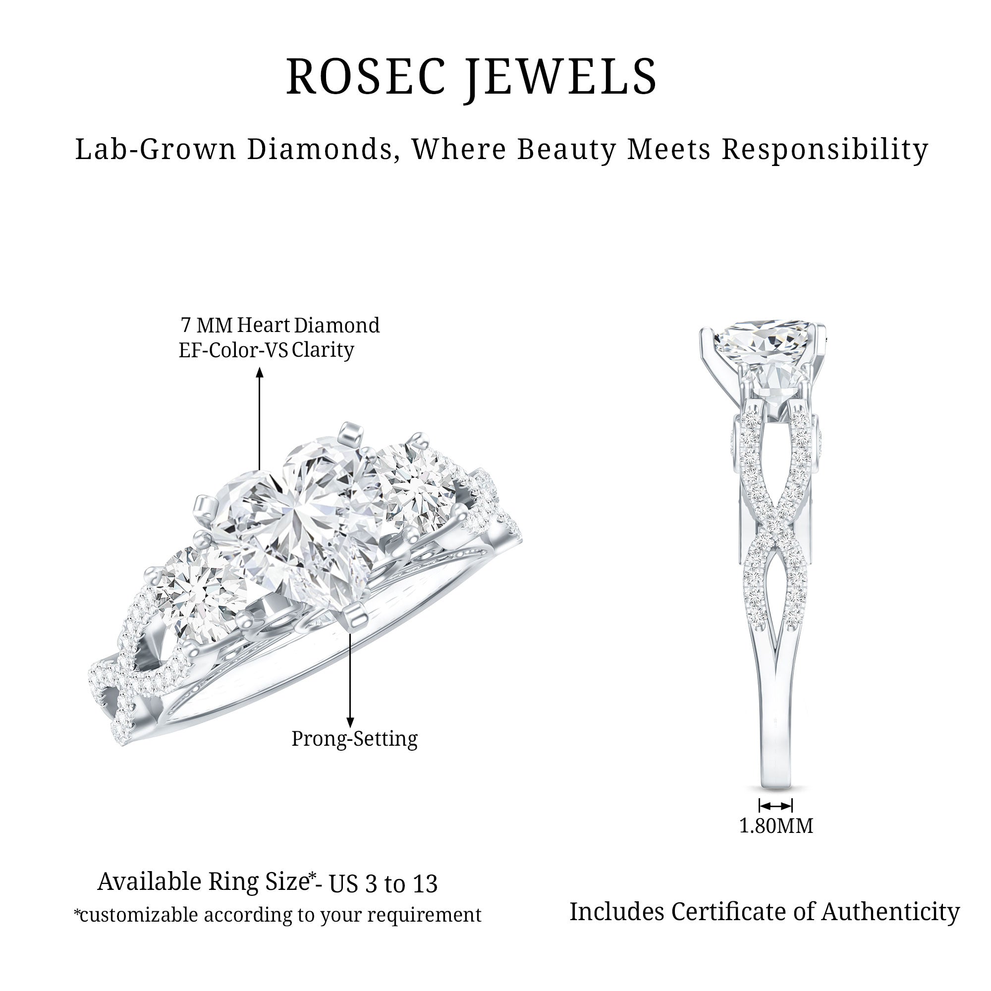 Certified 7 MM Lab Grown Diamond Heart Shaped Engagement Ring Lab - ( EF-VS ) - Rosec Jewels
