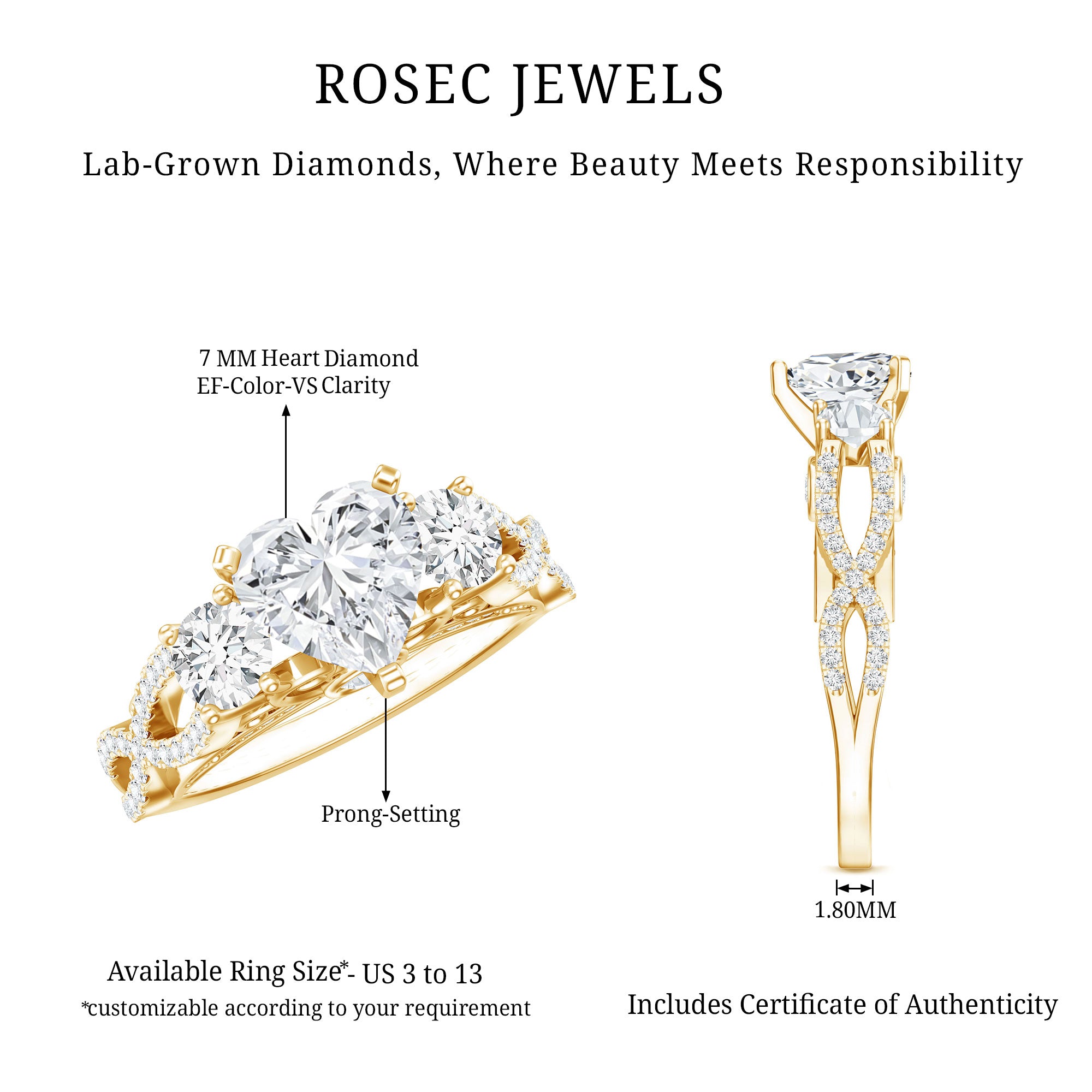 Certified 7 MM Lab Grown Diamond Heart Shaped Engagement Ring Lab - ( EF-VS ) - Rosec Jewels