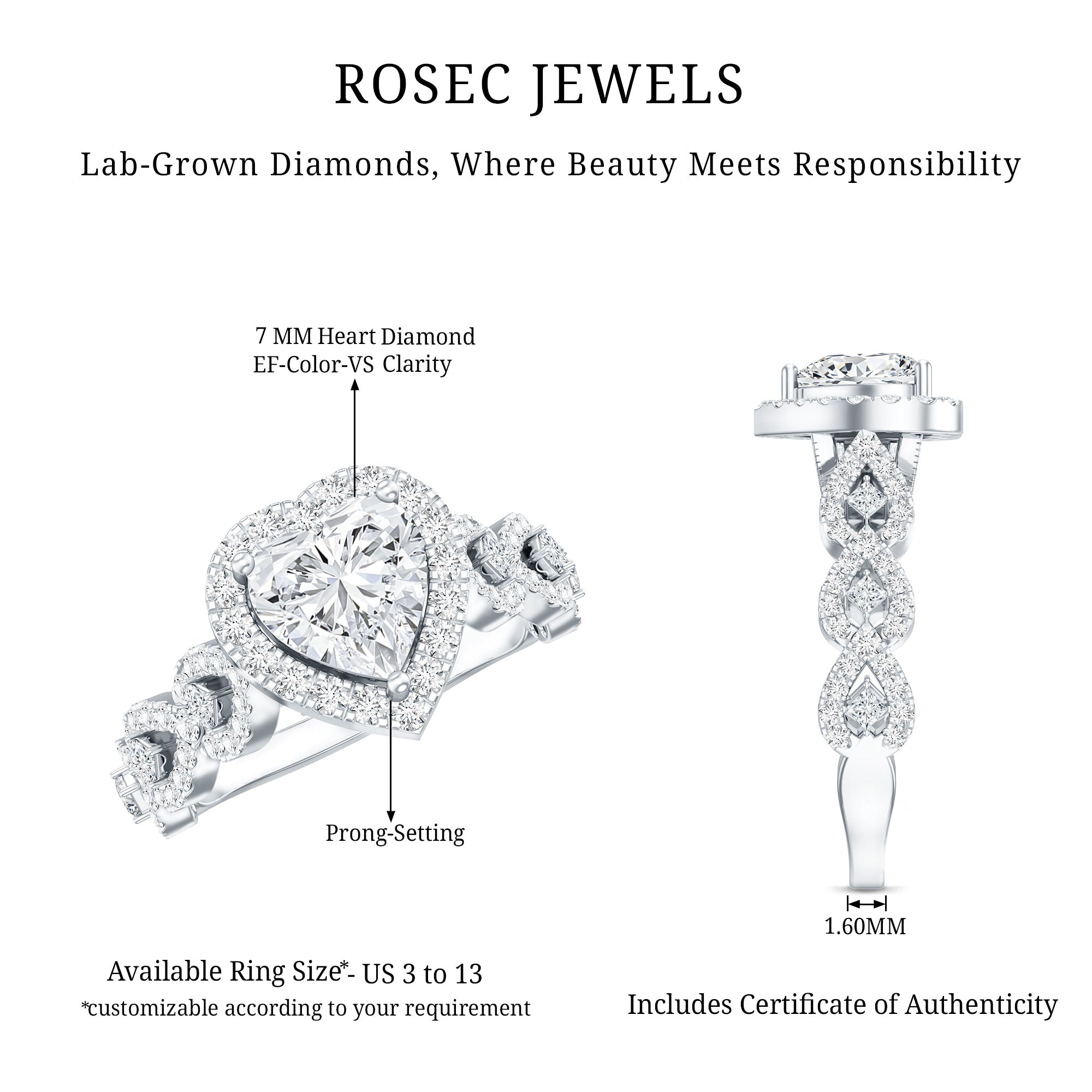 Vintage Inspired Lab Grown Diamond Heart Engagement Ring For Her Lab - ( EF-VS ) - Rosec Jewels