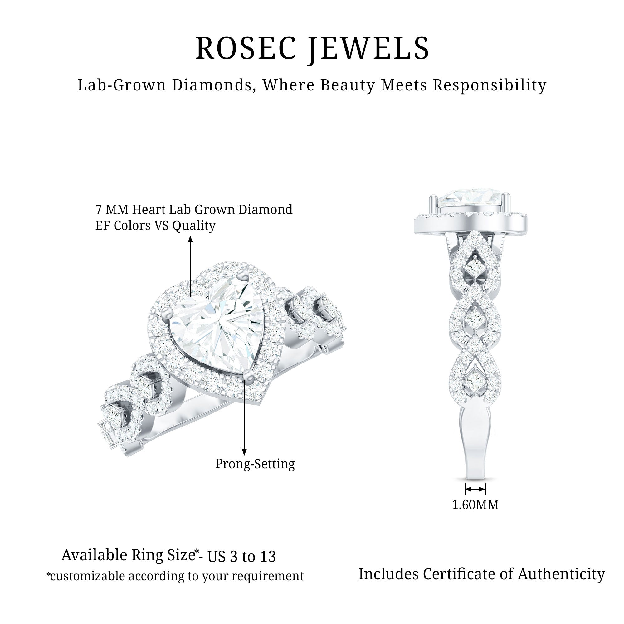 Vintage Inspired Lab Grown Diamond Heart Engagement Ring For Her Lab - ( EF-VS ) - Rosec Jewels