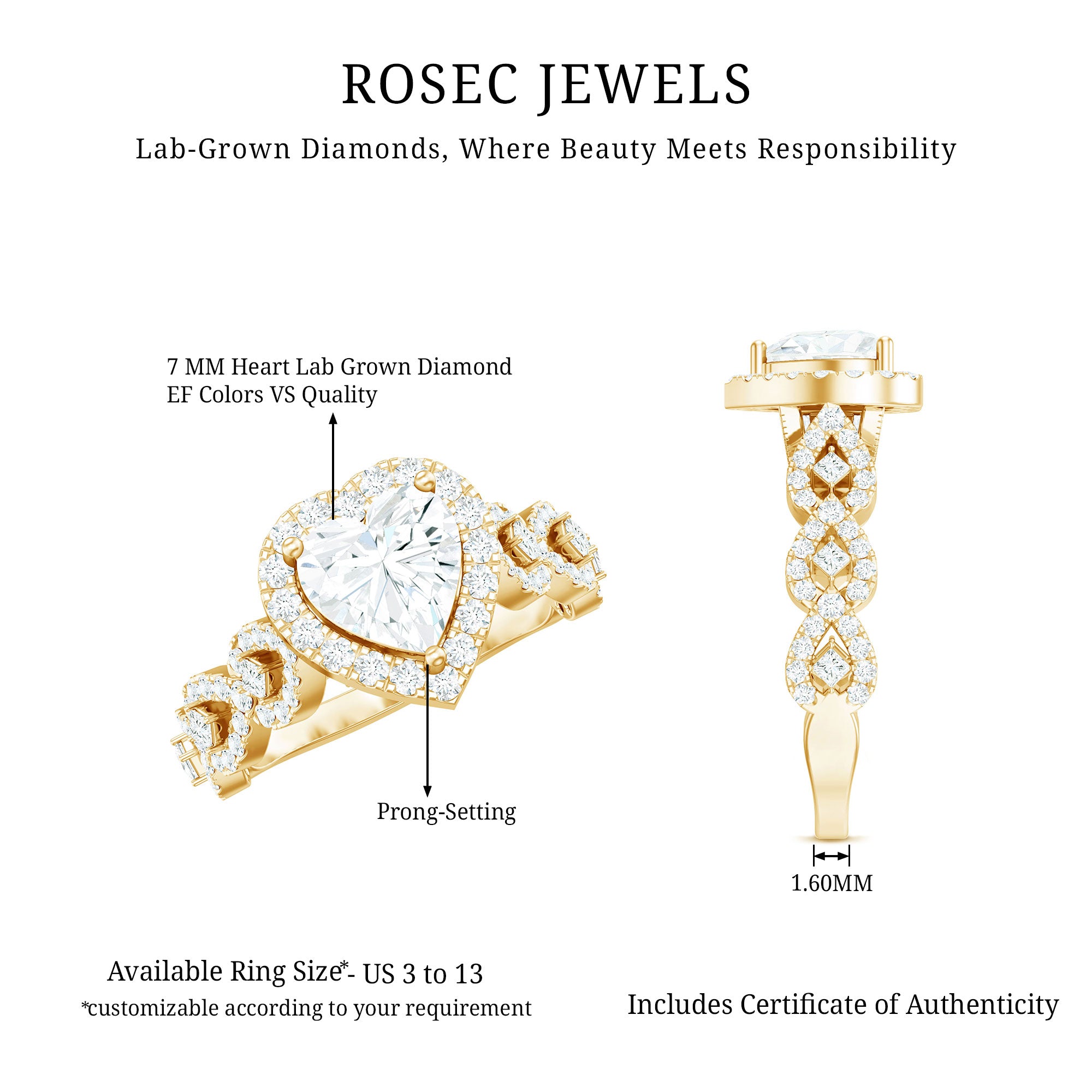 Vintage Inspired Lab Grown Diamond Heart Engagement Ring For Her Lab - ( EF-VS ) - Rosec Jewels