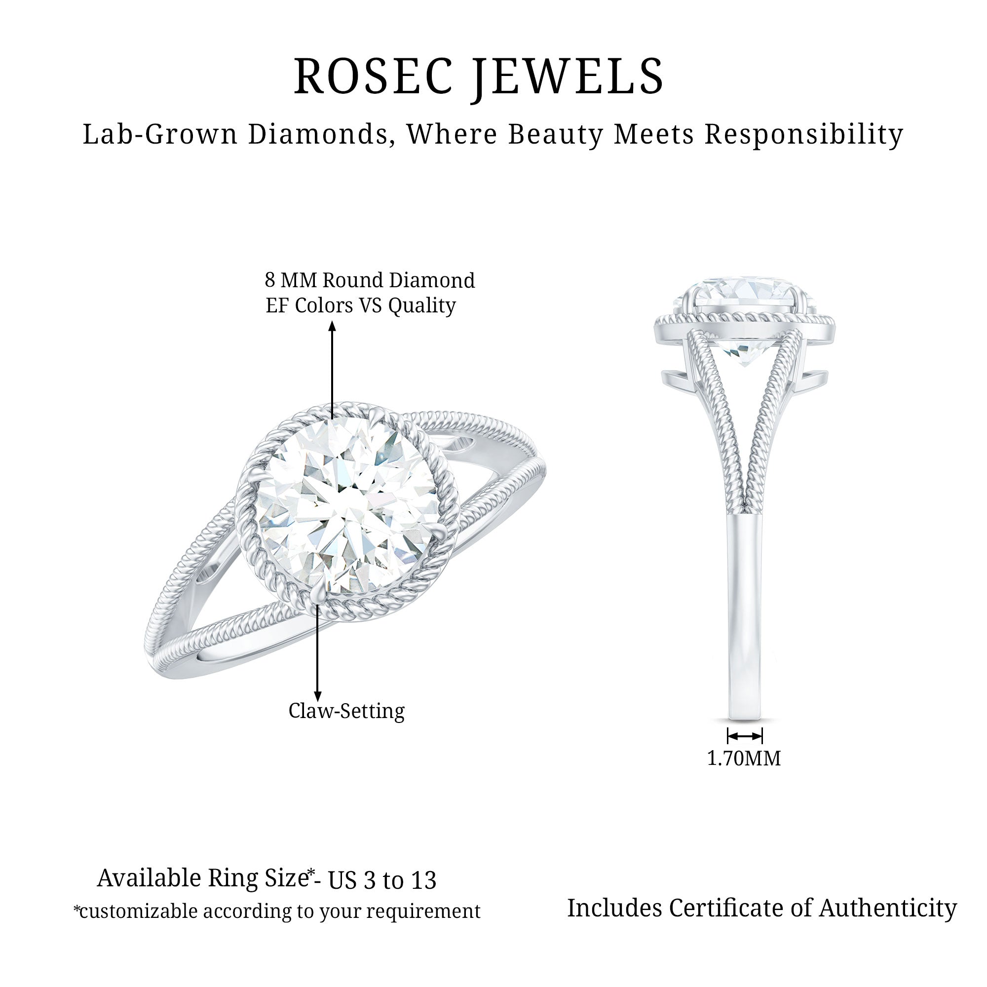 Rosec Jewels-Man Made Diamond Engagement Ring With Split Shank