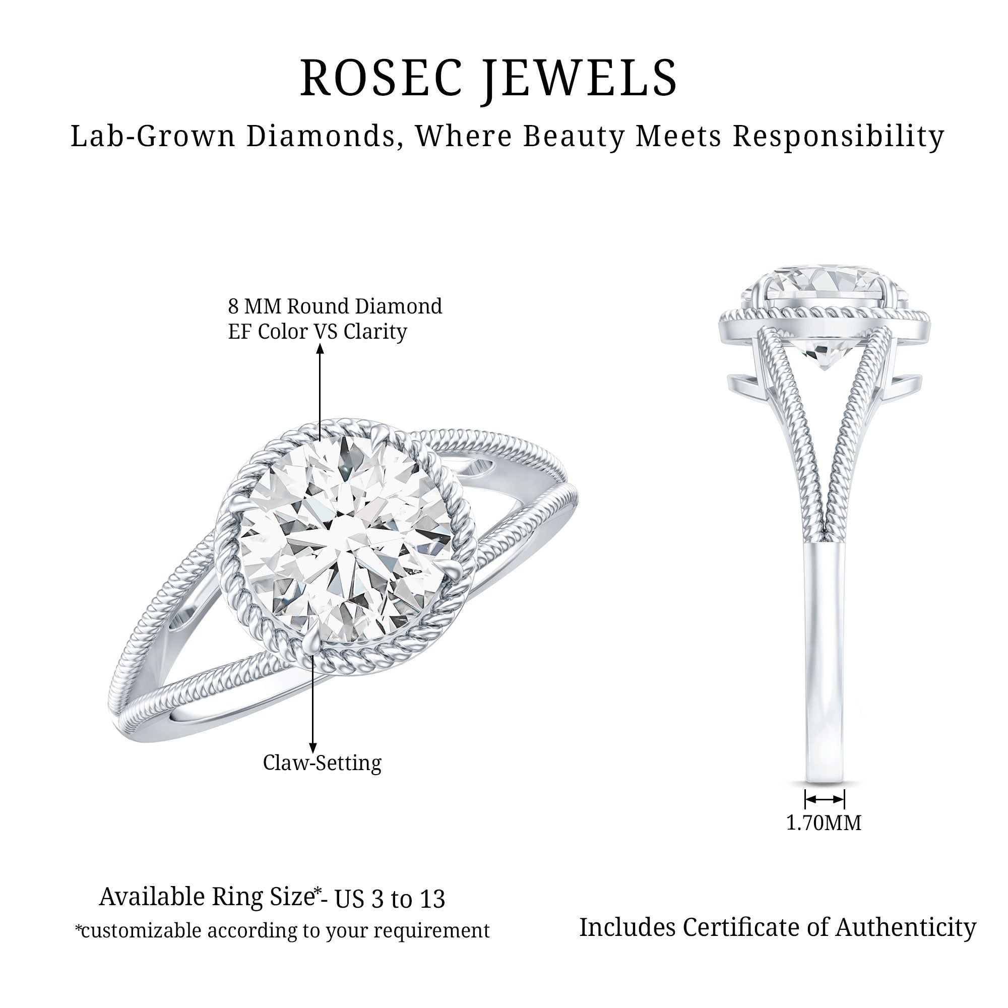 Man Made Diamond Engagement Ring With Split Shank Lab - ( EF-VS ) - Rosec Jewels