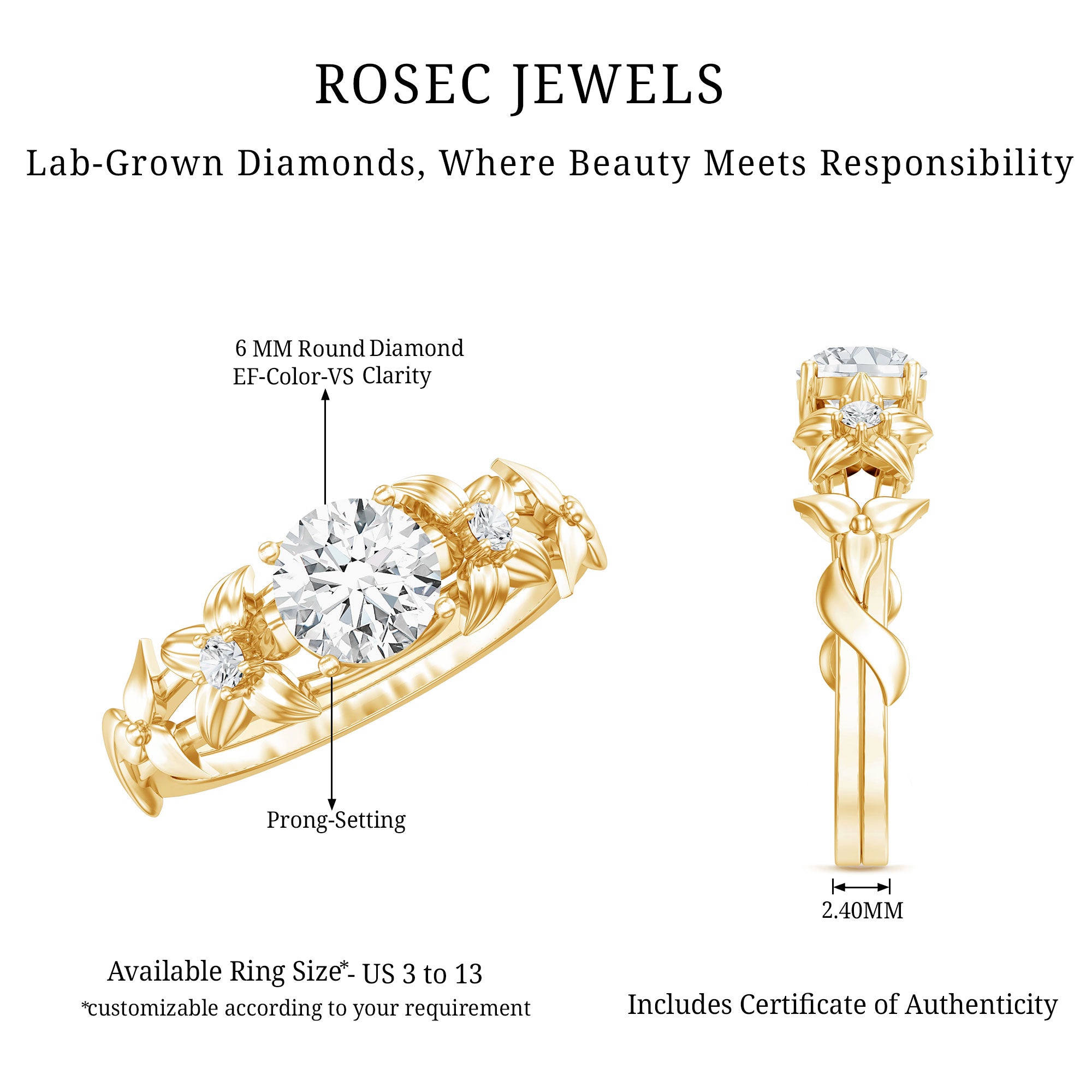 Certified 1 Ct Lab Grown Diamond Nature Engagement Ring Lab - ( EF-VS ) - Rosec Jewels