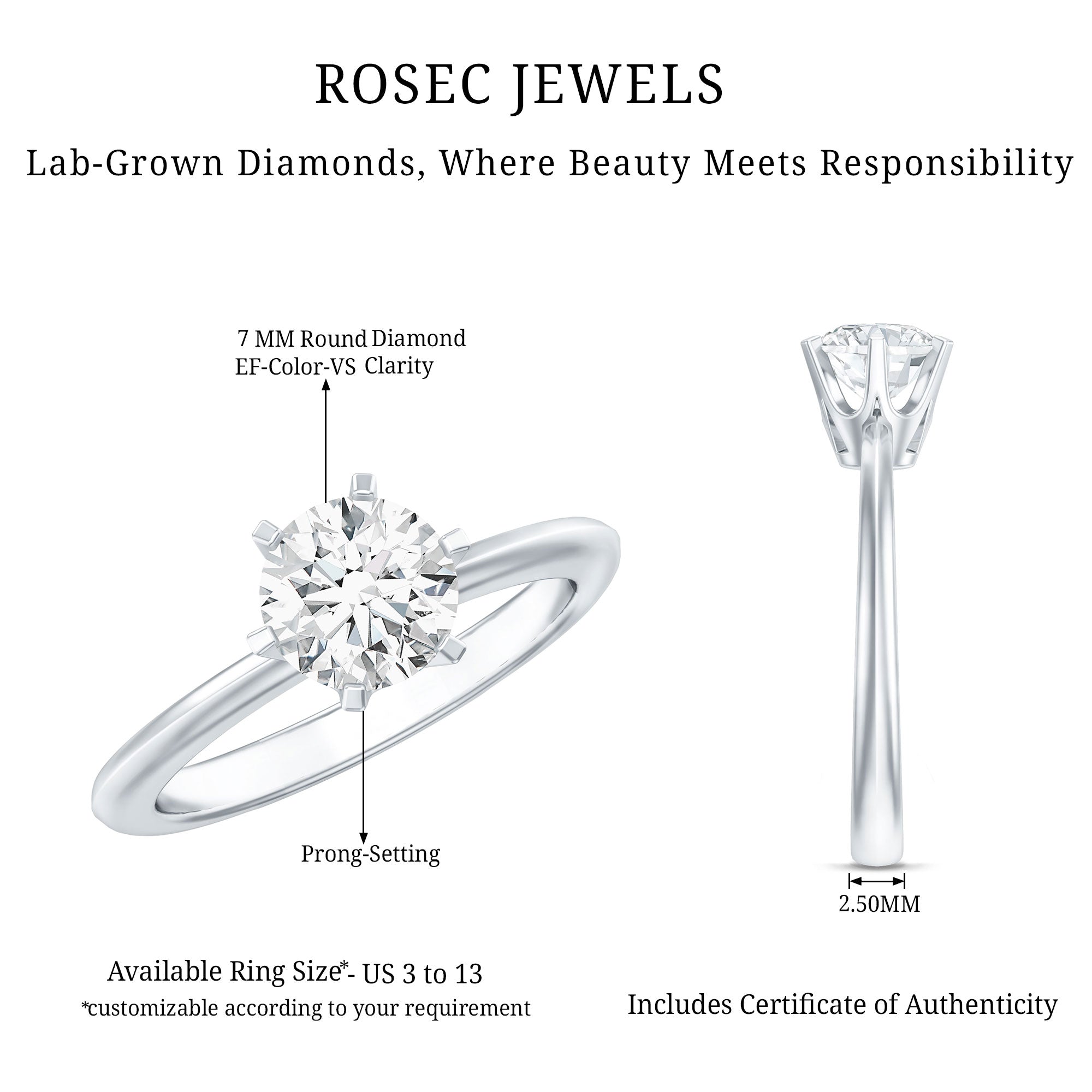 Brilliant Cut Lab Grown Diamond Solitaire Engagement Ring With 6 Prongs Lab - ( EF-VS ) - Rosec Jewels