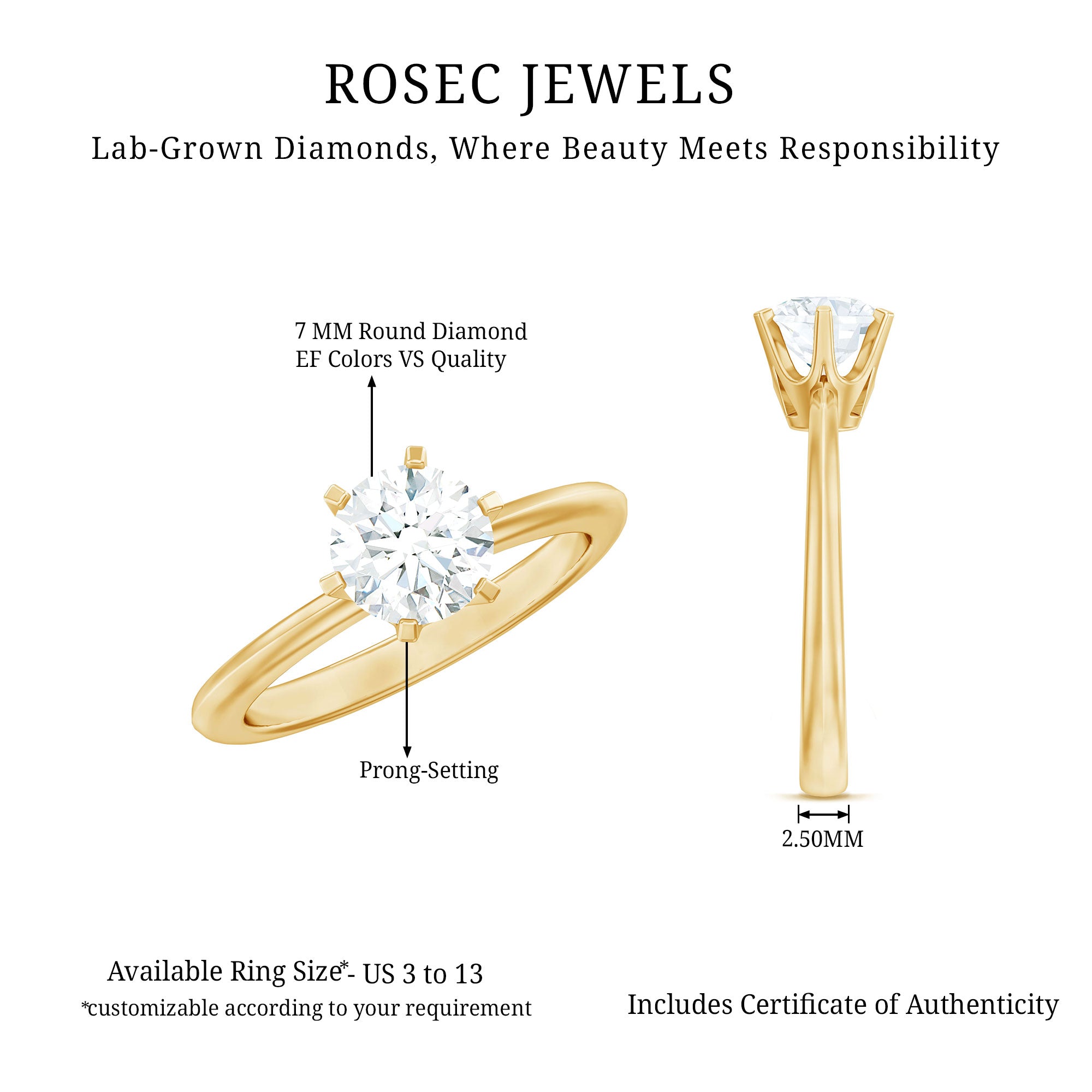Rosec Jewels-Brilliant Cut Lab Grown Diamond Solitaire Engagement Ring With 6 Prongs