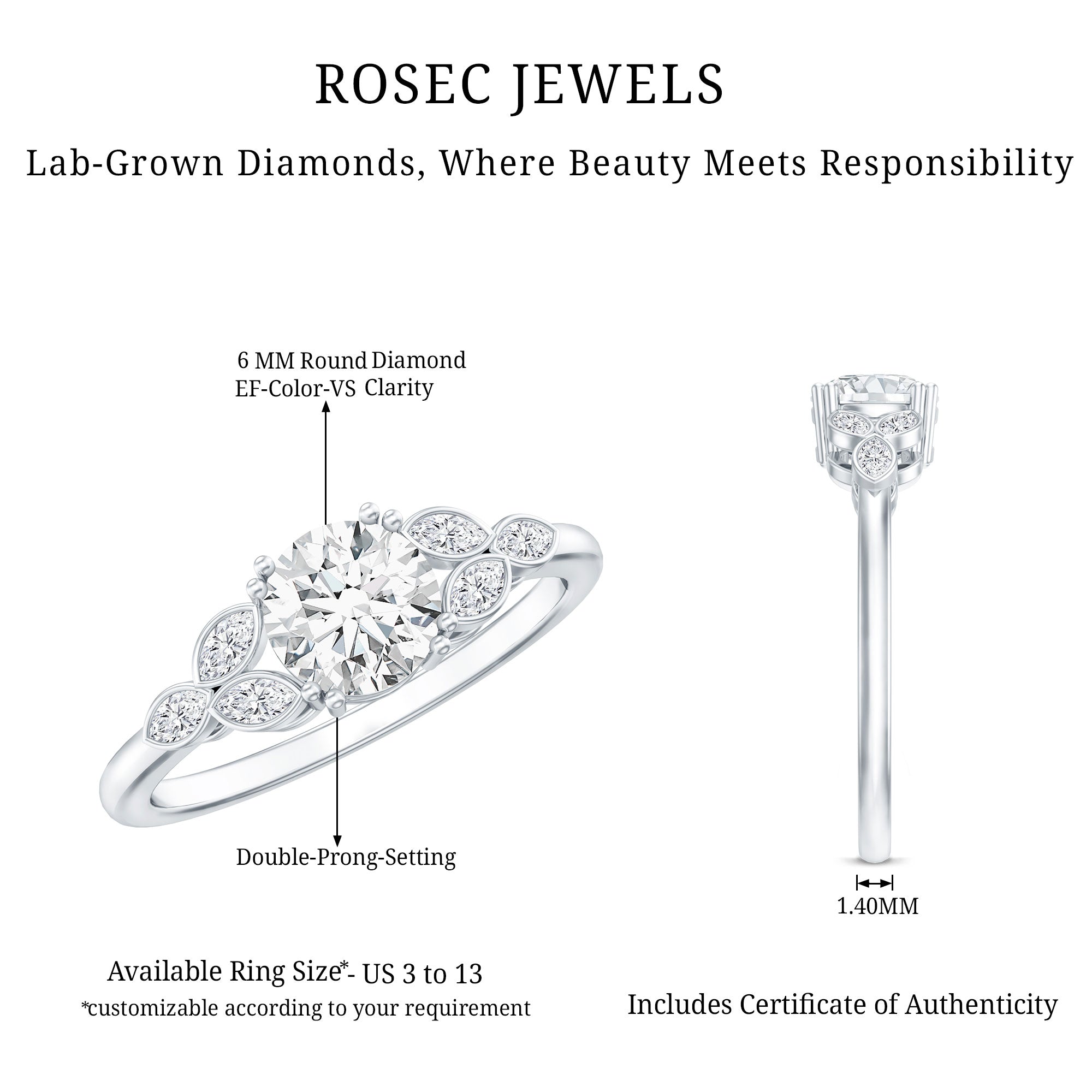 Certified 6 MM Round Diamond Promise Engagement Ring For Her Lab - ( EF-VS ) - Rosec Jewels