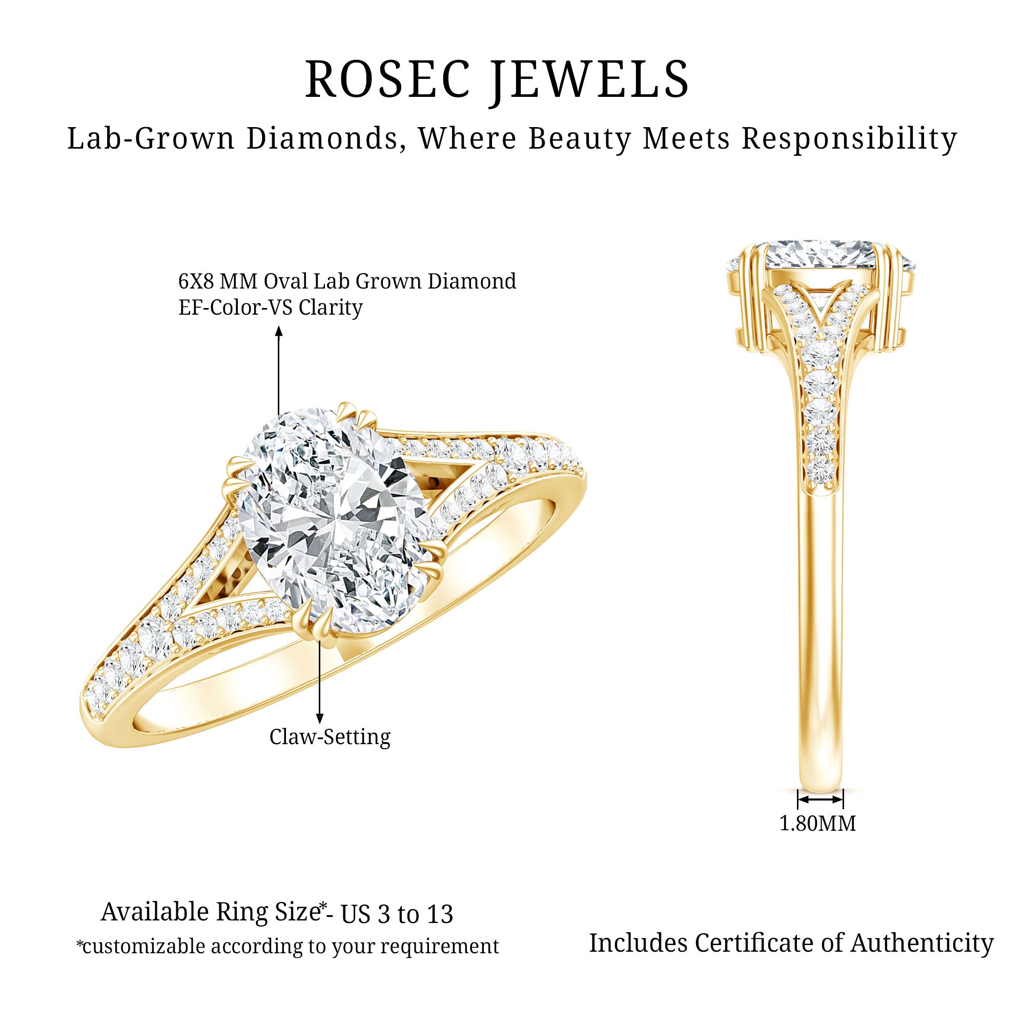 Oval Brilliant Cut Lab Diamond Engagement Ring with Split Shank Lab - ( EF-VS ) - Rosec Jewels