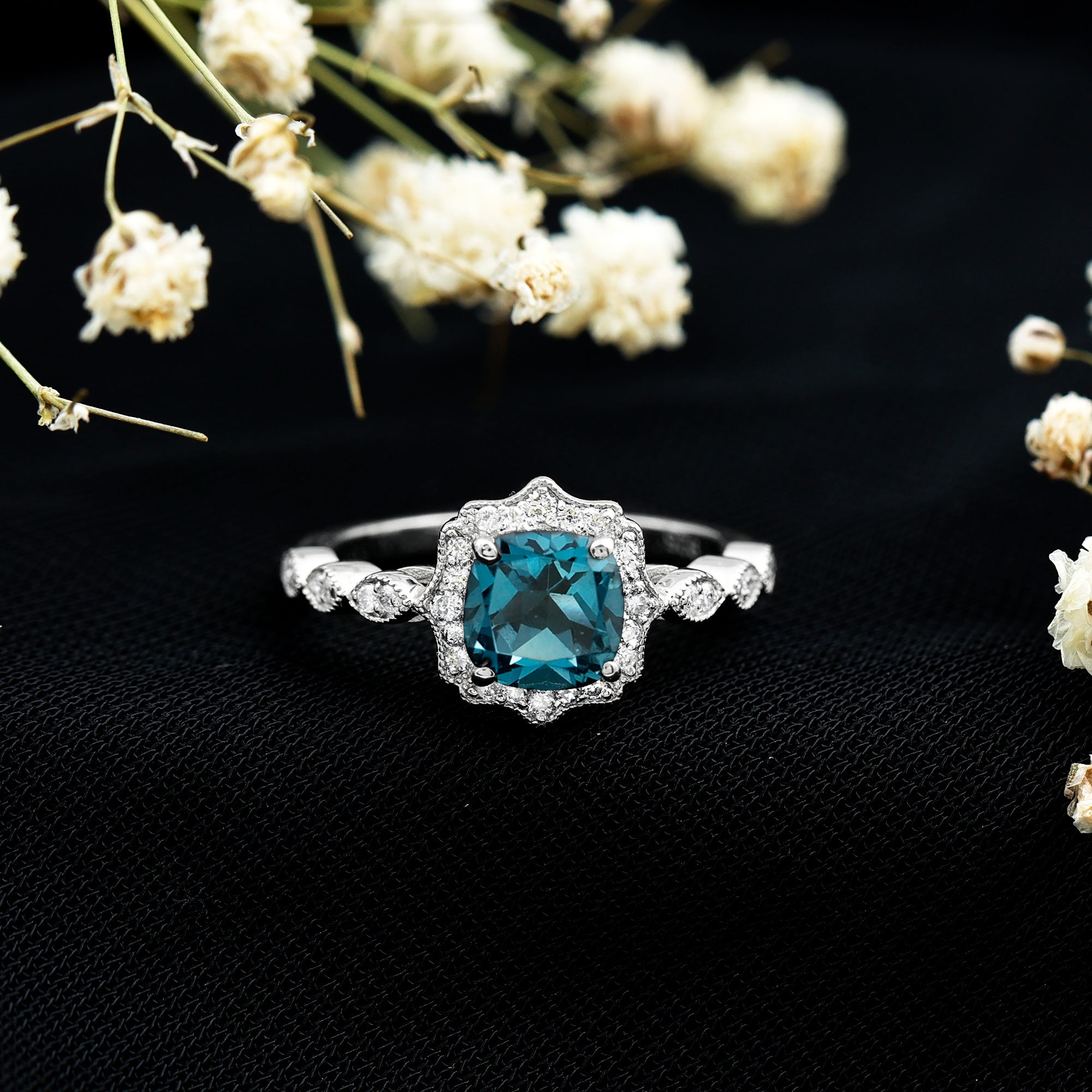 Rosec Jewels-London Blue Topaz Antique Looking Engagement Ring with Moissanite Halo