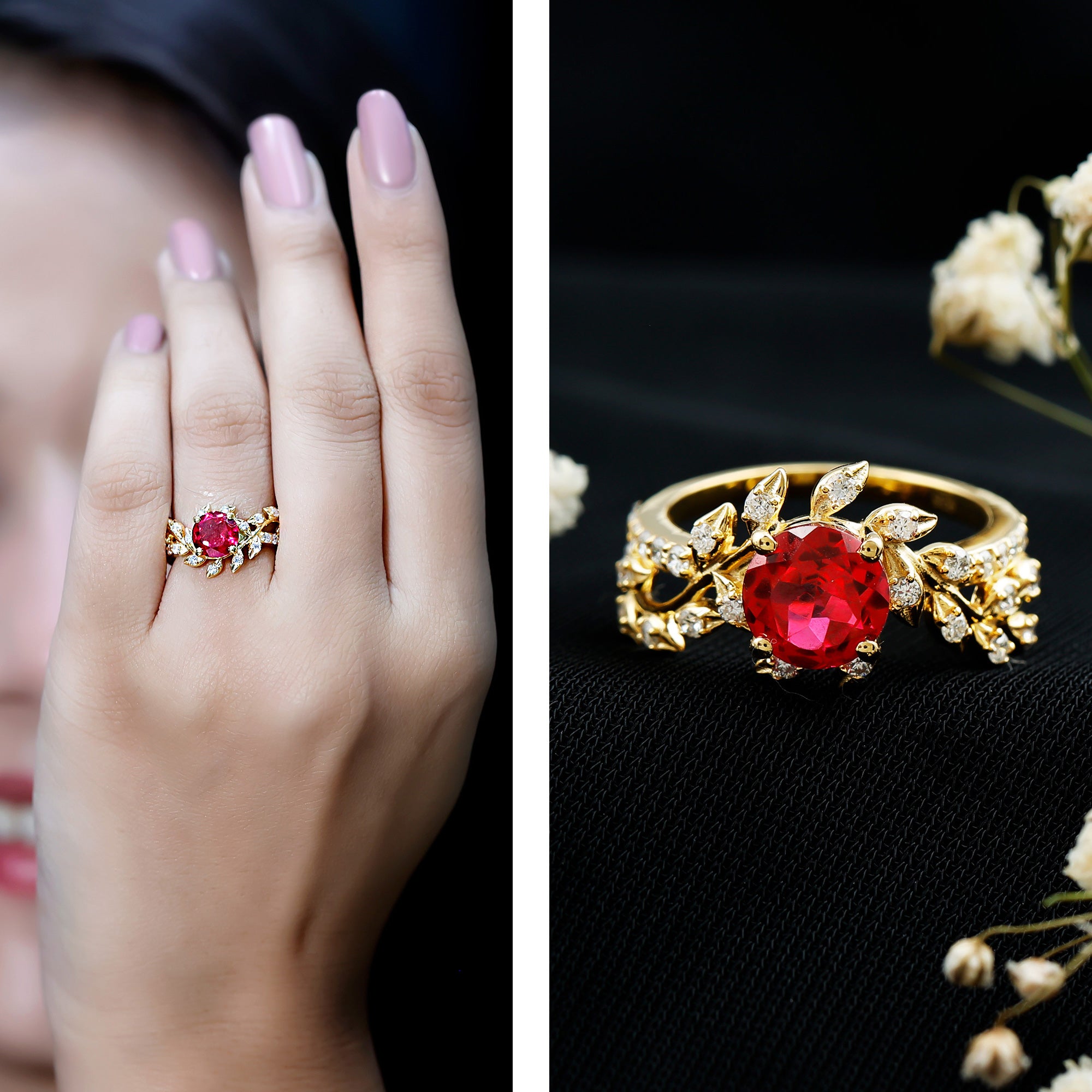 Certified Lab Grown Ruby Diamond Vine Engagement Ring AAAA - Rosec Jewels
