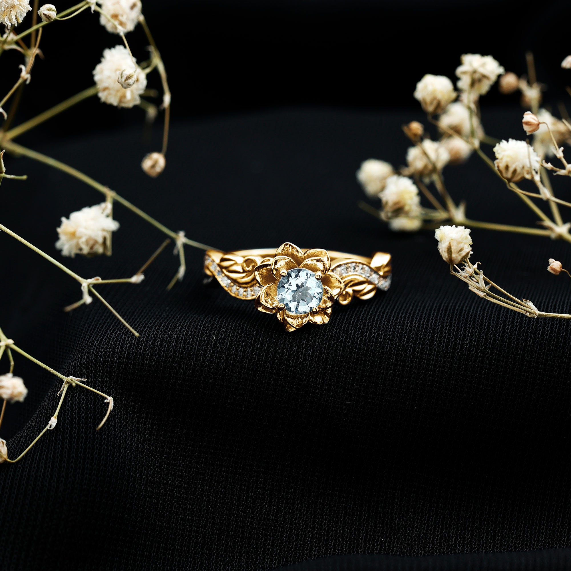 Rosec Jewels-Natural Aquamarine Flower Engagement Ring in Gold Plated Silver