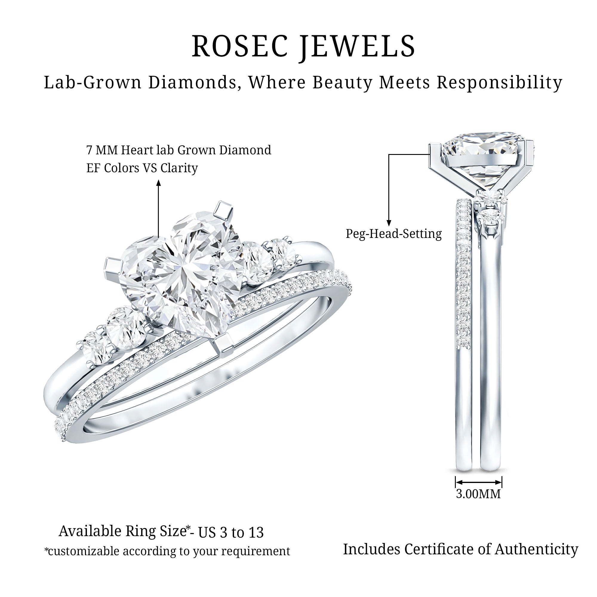 Certified Lab Grown Diamond 7MM Heart Bridal Ring Set Lab - ( EF-VS ) - Rosec Jewels