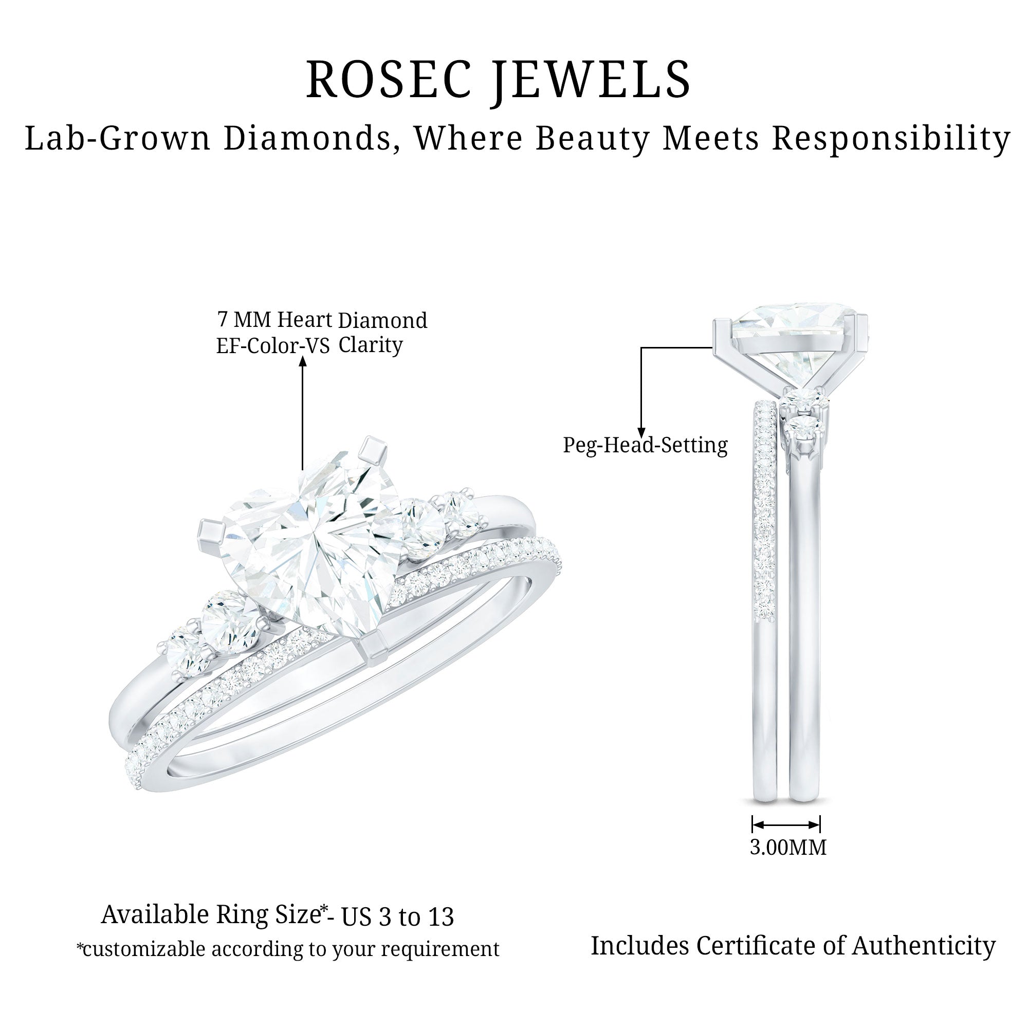 Rosec Jewels-Certified Lab Grown Diamond 7MM Heart Bridal Ring Set