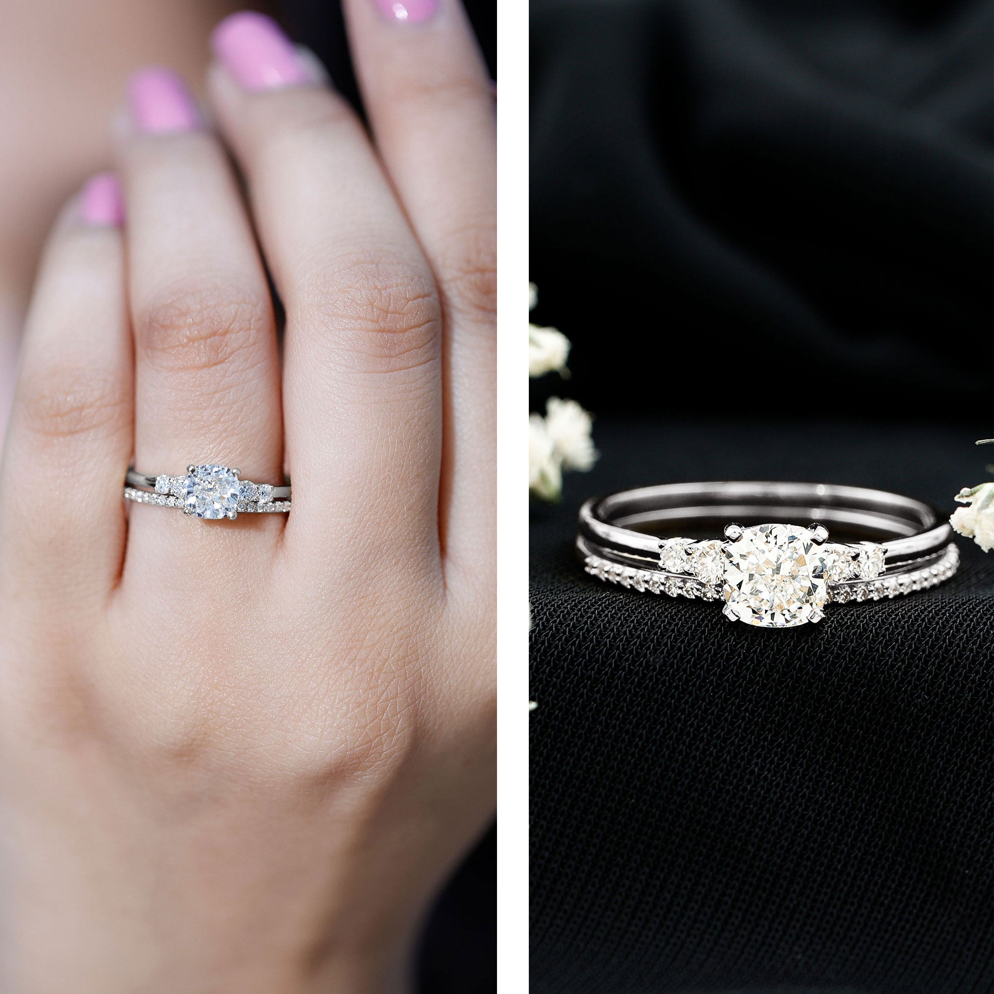 Lab Grown Diamond 6 MM Cushion Engagement Ring with Wedding band Lab - ( EF-VS ) - Rosec Jewels