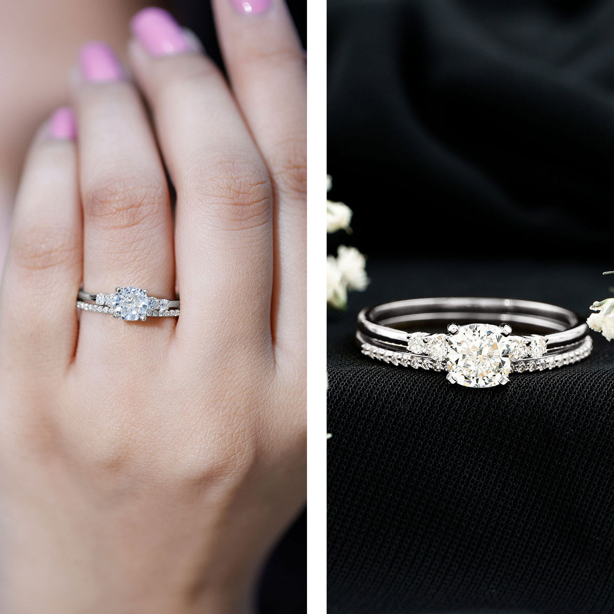 IGI Certified 1 Carat Lab Grown Diamond Cushion Engagement Ring with Wedding Band Lab - ( E-VS1 ) - Rosec Jewels