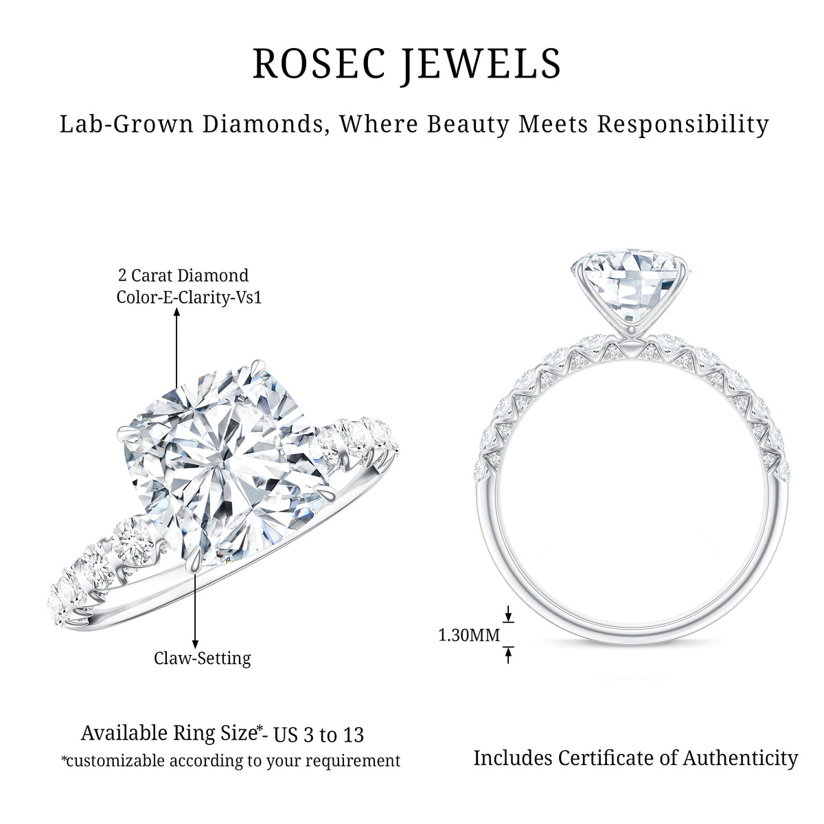 IGI Certified 2 Carat Cushion Cut Lab Grown Diamond Engagement Ring with Side Stones Lab - ( E-VS1 ) - Rosec Jewels