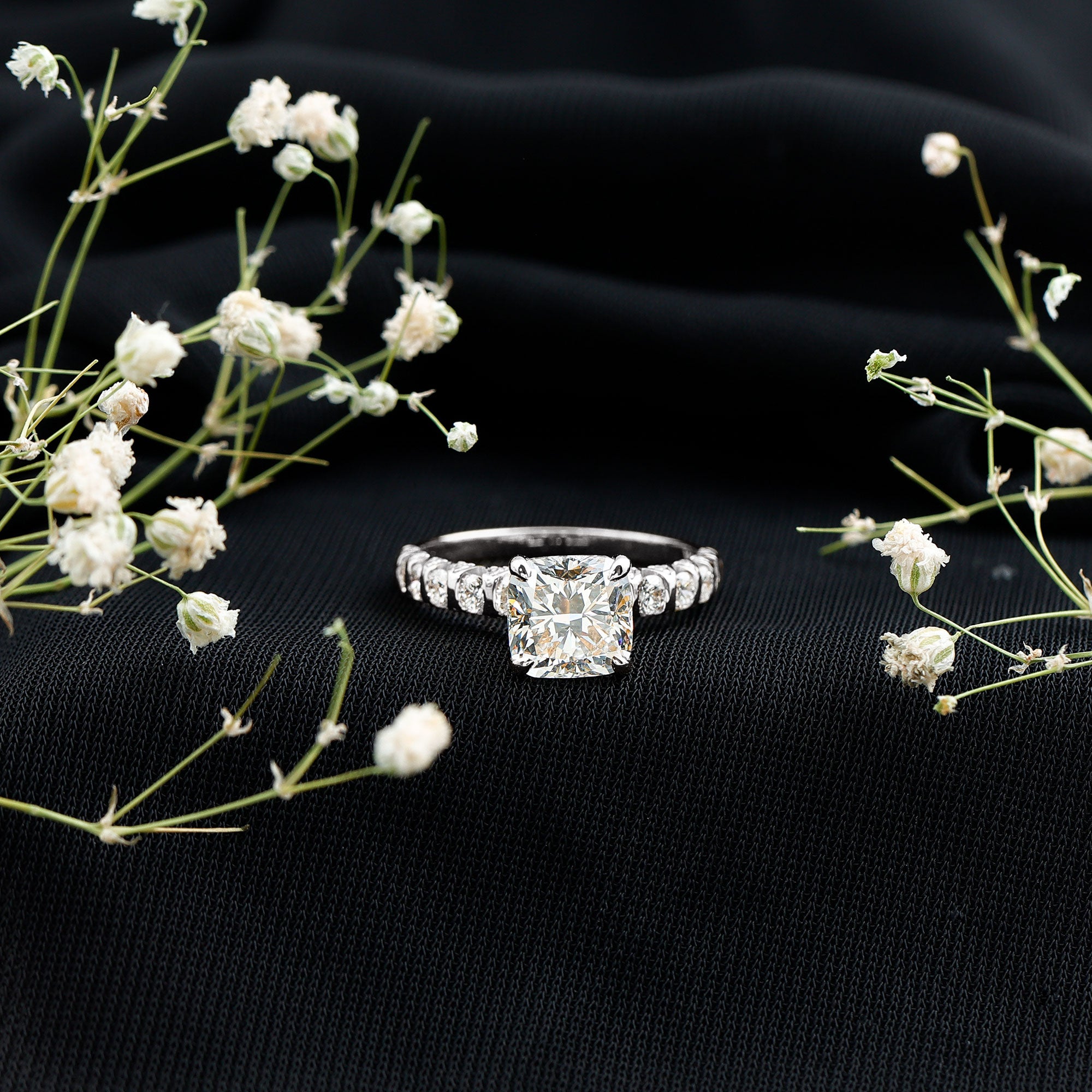 IGI Certified 2 Carat Cushion Cut Lab Grown Diamond Engagement Ring with Side Stones Lab - ( E-VS1 ) - Rosec Jewels