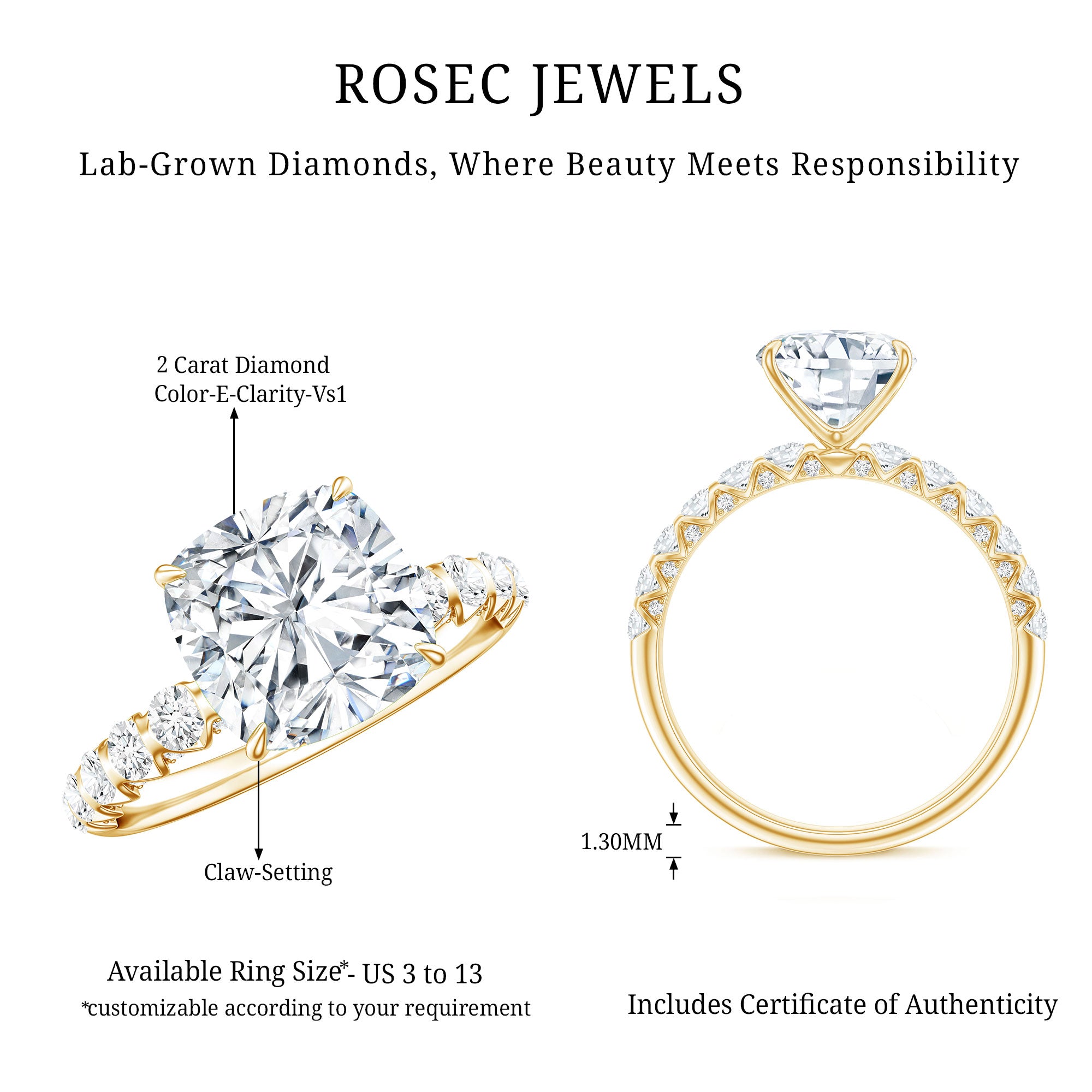 IGI Certified 2 Carat Cushion Cut Lab Grown Diamond Engagement Ring with Side Stones Lab - ( E-VS1 ) - Rosec Jewels