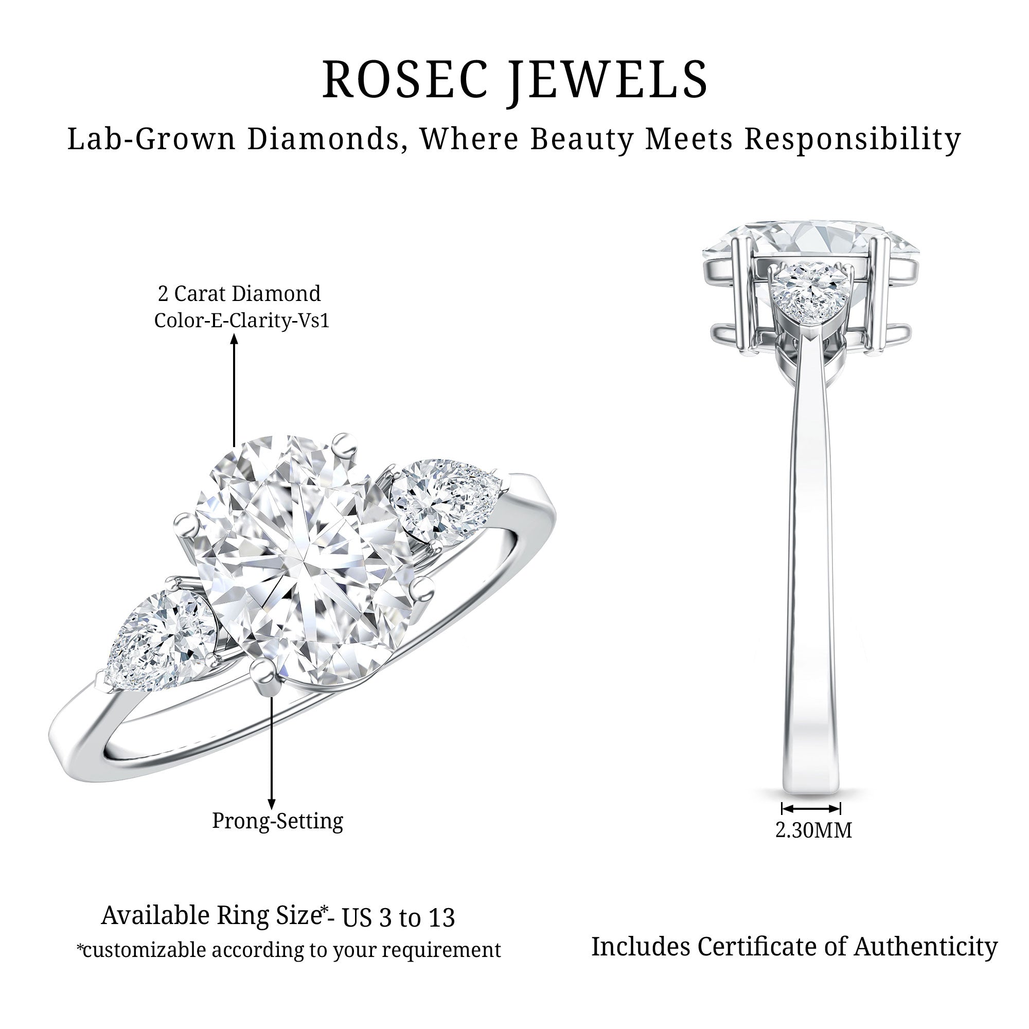 2 Carat Oval Lab Grown Diamond Three Stone Engagement Ring with IGI Certificate Lab - ( E-VS1 ) - Rosec Jewels