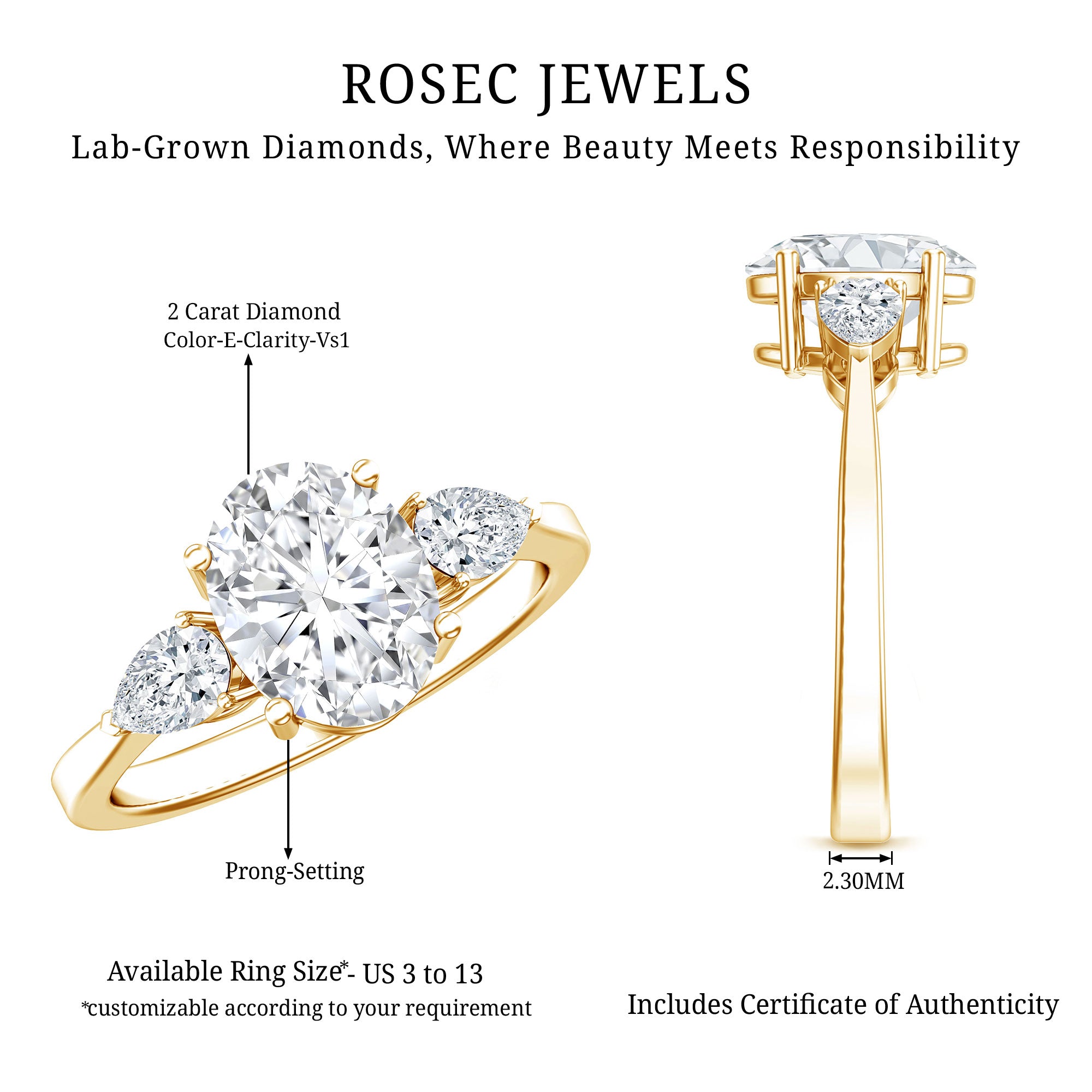 2 Carat Oval Lab Grown Diamond Three Stone Engagement Ring with IGI Certificate Lab - ( E-VS1 ) - Rosec Jewels