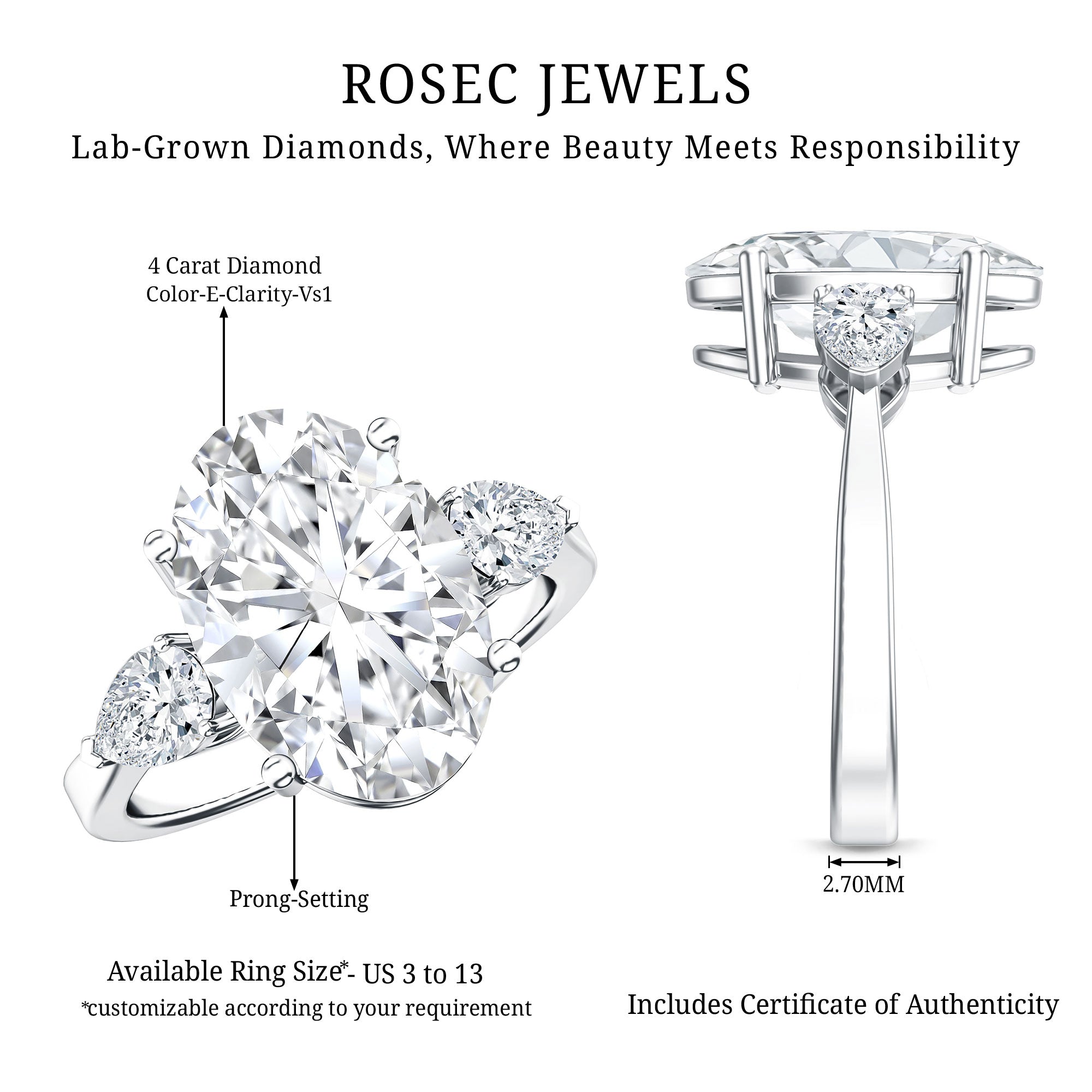 4 Carat Oval Lab Grown Diamond Three Stone Engagement Ring IGI Certified Lab - ( E-VS1 ) - Rosec Jewels