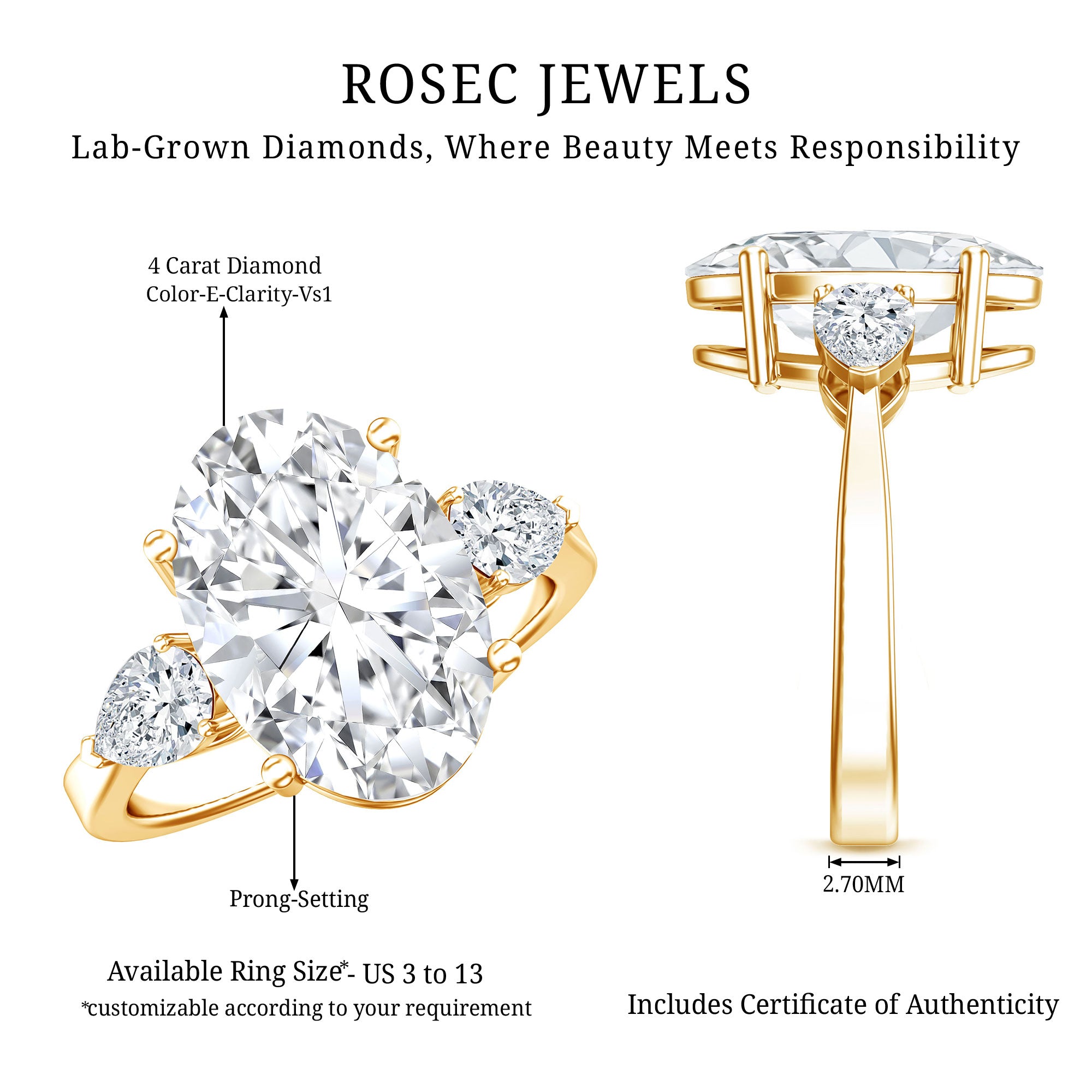 4 Carat Oval Lab Grown Diamond Three Stone Engagement Ring IGI Certified Lab - ( E-VS1 ) - Rosec Jewels
