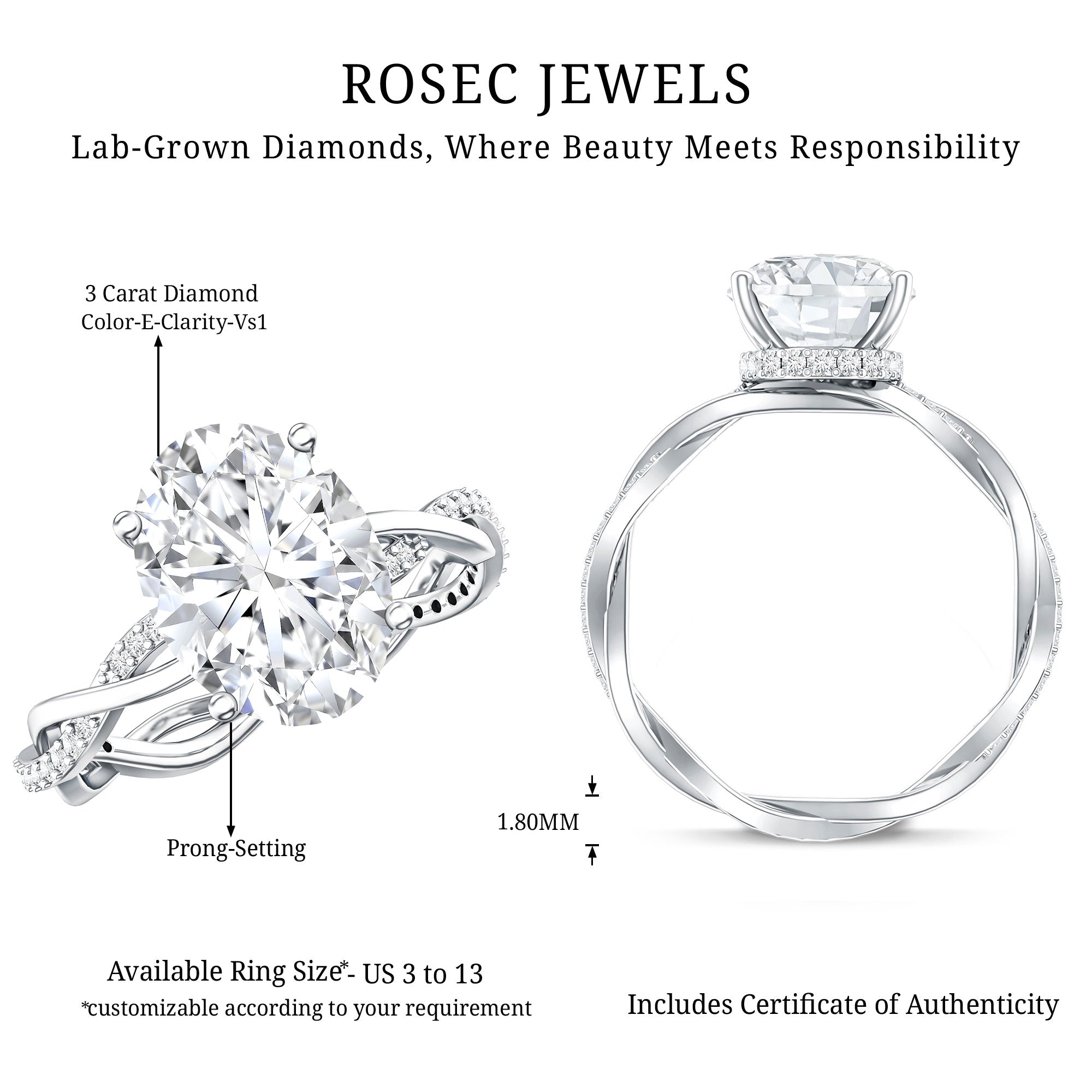 IGI Certified Oval Shape Lab Grown Diamond Infinity Band Engagement Ring 3 Carat Lab - ( E-VS1 ) - Rosec Jewels